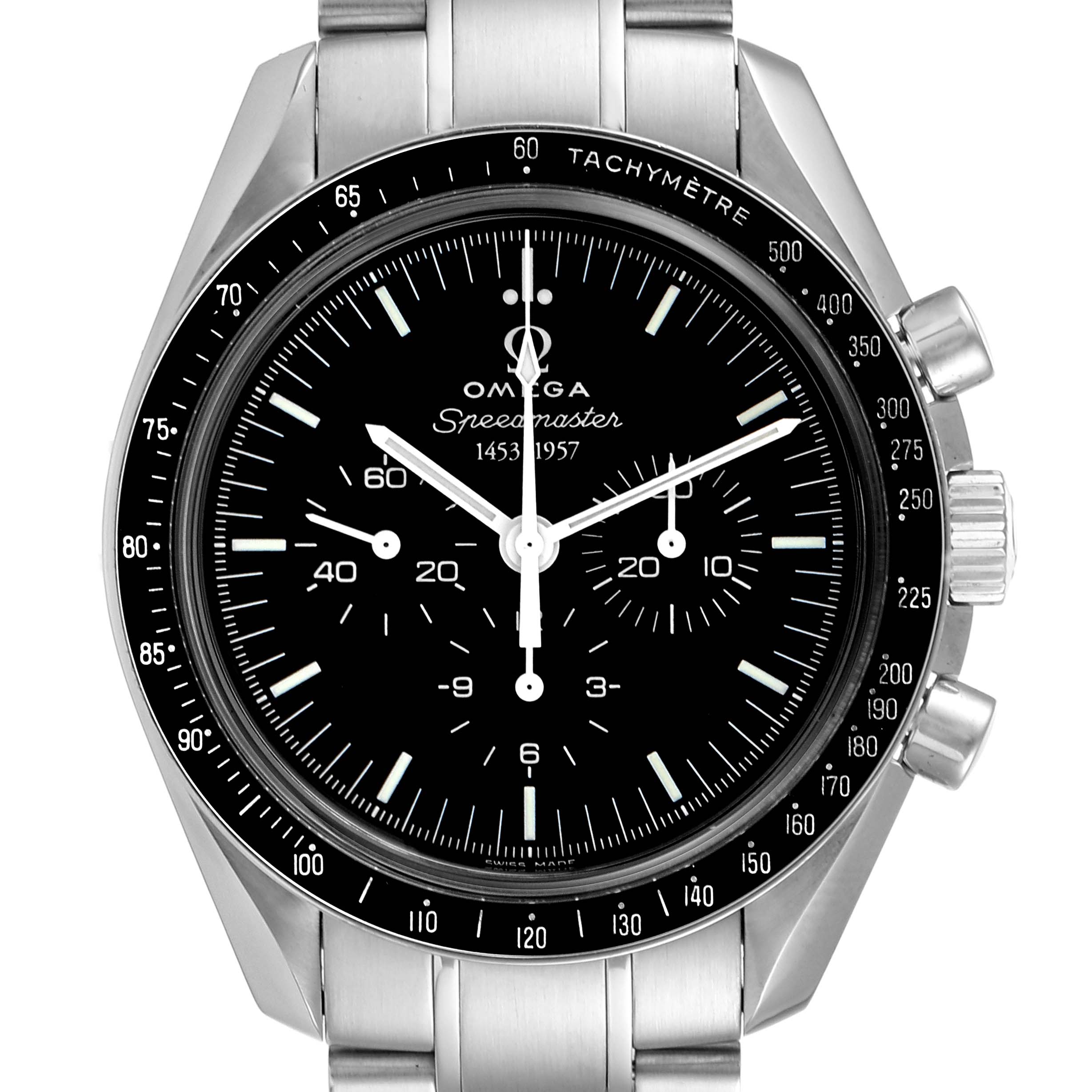 This image shows a front view of the Omega Speedmaster 311.33.42.50.01.001 Men
s Stainless Steel Black Dial 311.33.42.50.01.001 Men
s Stainless Steel Black Dial watch displaying the dial, bezel, and side pushers.