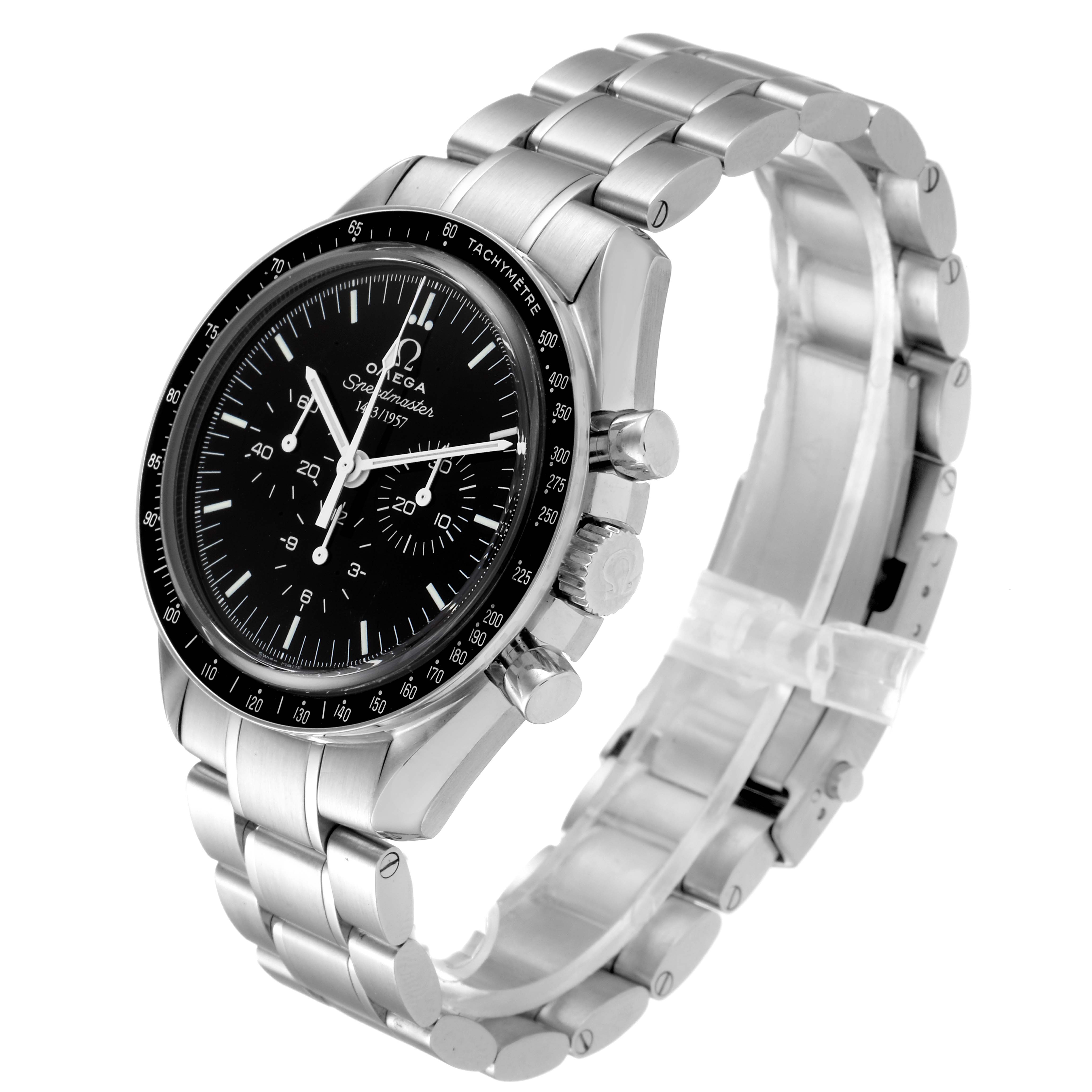 The image shows an Omega Speedmaster 311.33.42.50.01.001 Men
s Stainless Steel Black Dial 311.33.42.50.01.001 Men
s Stainless Steel Black Dial watch at a 3/4 angle, highlighting its face, bezel, crown, pushers, and bracelet.