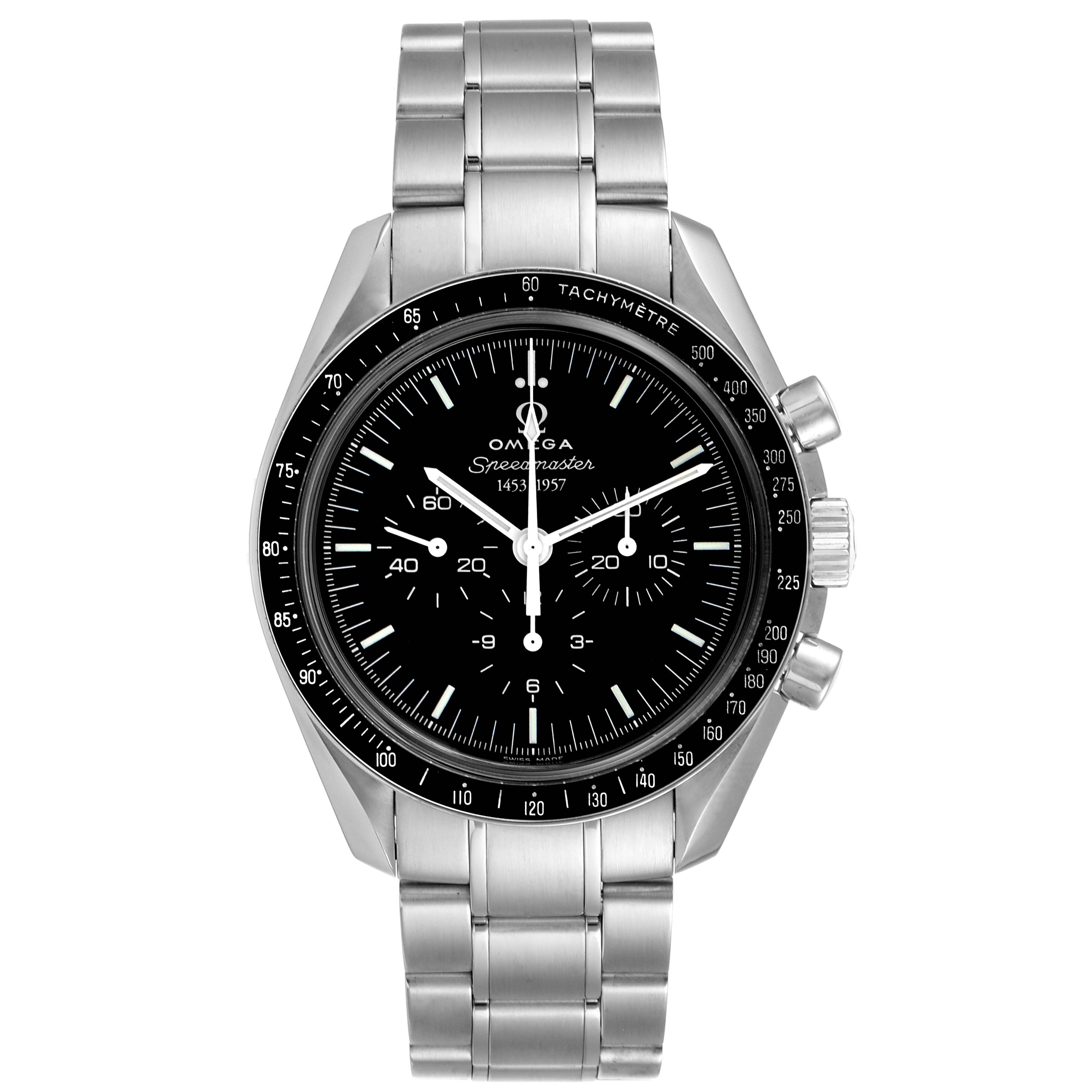 This is a front view of an Omega Speedmaster 311.33.42.50.01.001 Men
s Stainless Steel Black Dial 311.33.42.50.01.001 Men
s Stainless Steel Black Dial watch, showing its black dial, tachymeter bezel, pushers, and stainless steel bracelet.