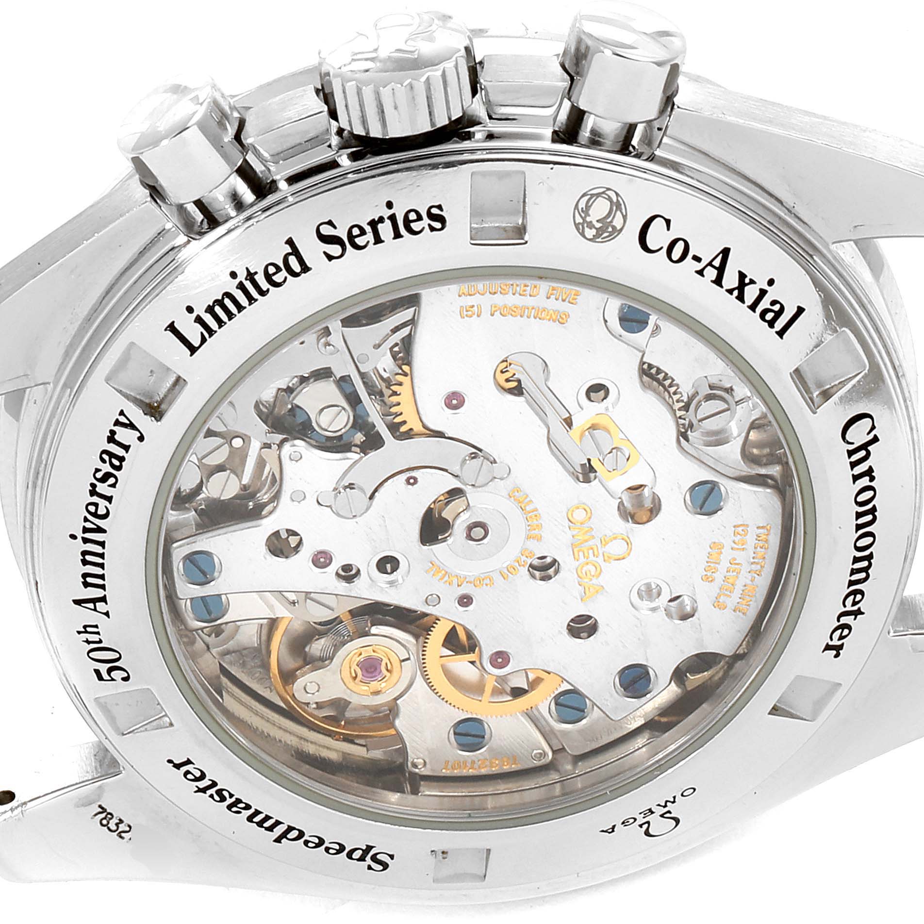 This image shows the back view of the Omega Speedmaster 311.33.42.50.01.001 Men
s Stainless Steel Black Dial 311.33.42.50.01.001 Men
s Stainless Steel Black Dial Limited Series Co-Axial Chronometer, with a focus on its internal mechanics.