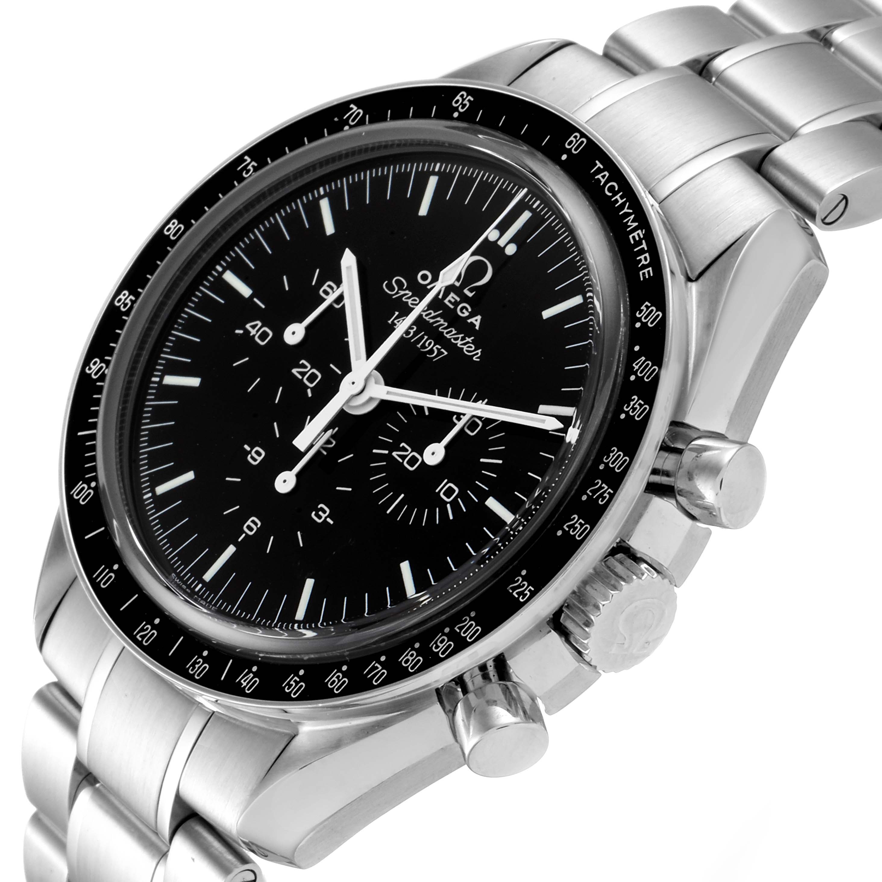 The image shows the Omega Speedmaster 311.33.42.50.01.001 Men
s Stainless Steel Black Dial 311.33.42.50.01.001 Men
s Stainless Steel Black Dial watch at an angle highlighting the face, bezel, crown, and metal bracelet.