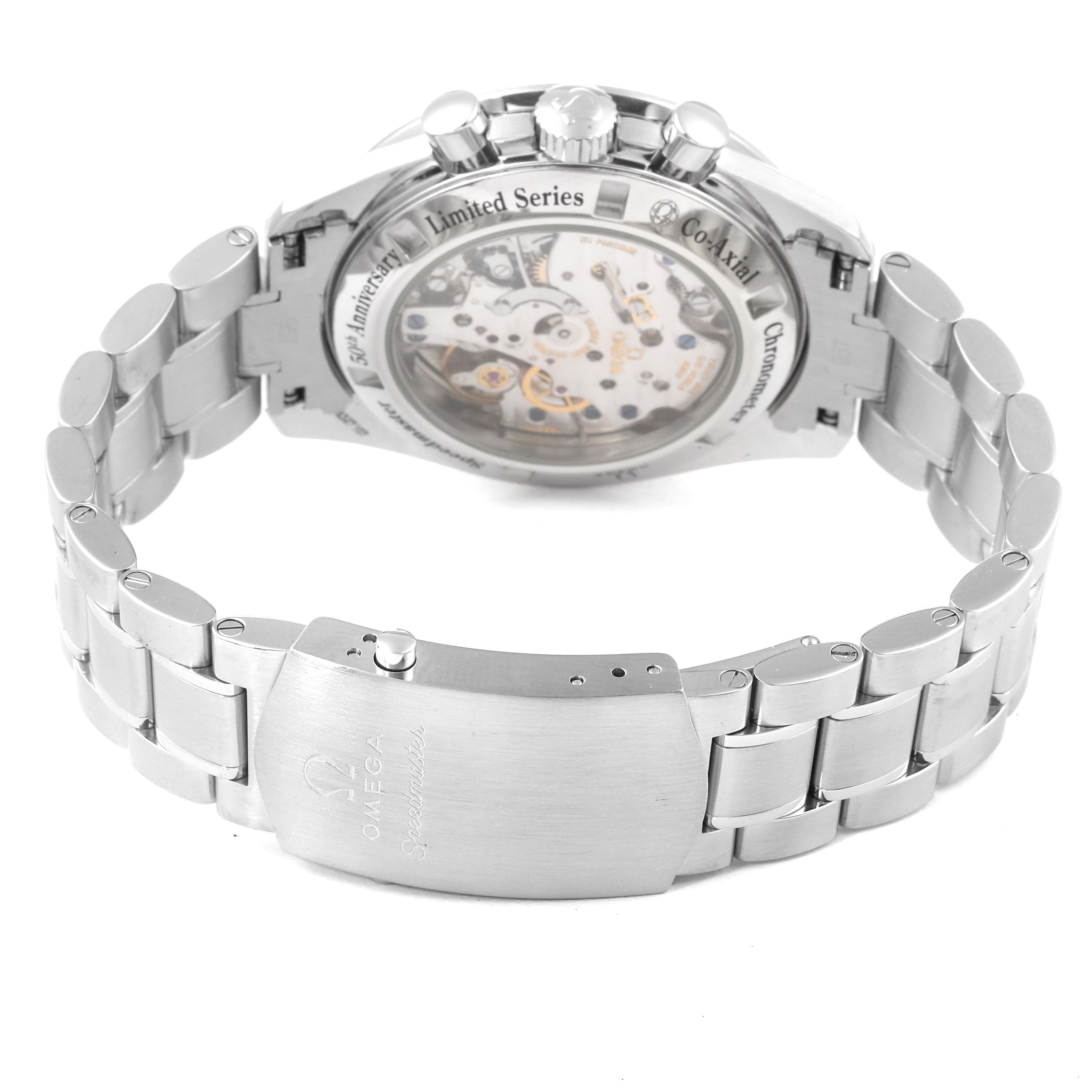 The image shows the back view and clasp of an Omega Speedmaster 311.33.42.50.01.001 Men
s Stainless Steel Black Dial 311.33.42.50.01.001 Men
s Stainless Steel Black Dial watch, highlighting its see-through caseback and stainless steel bracelet.