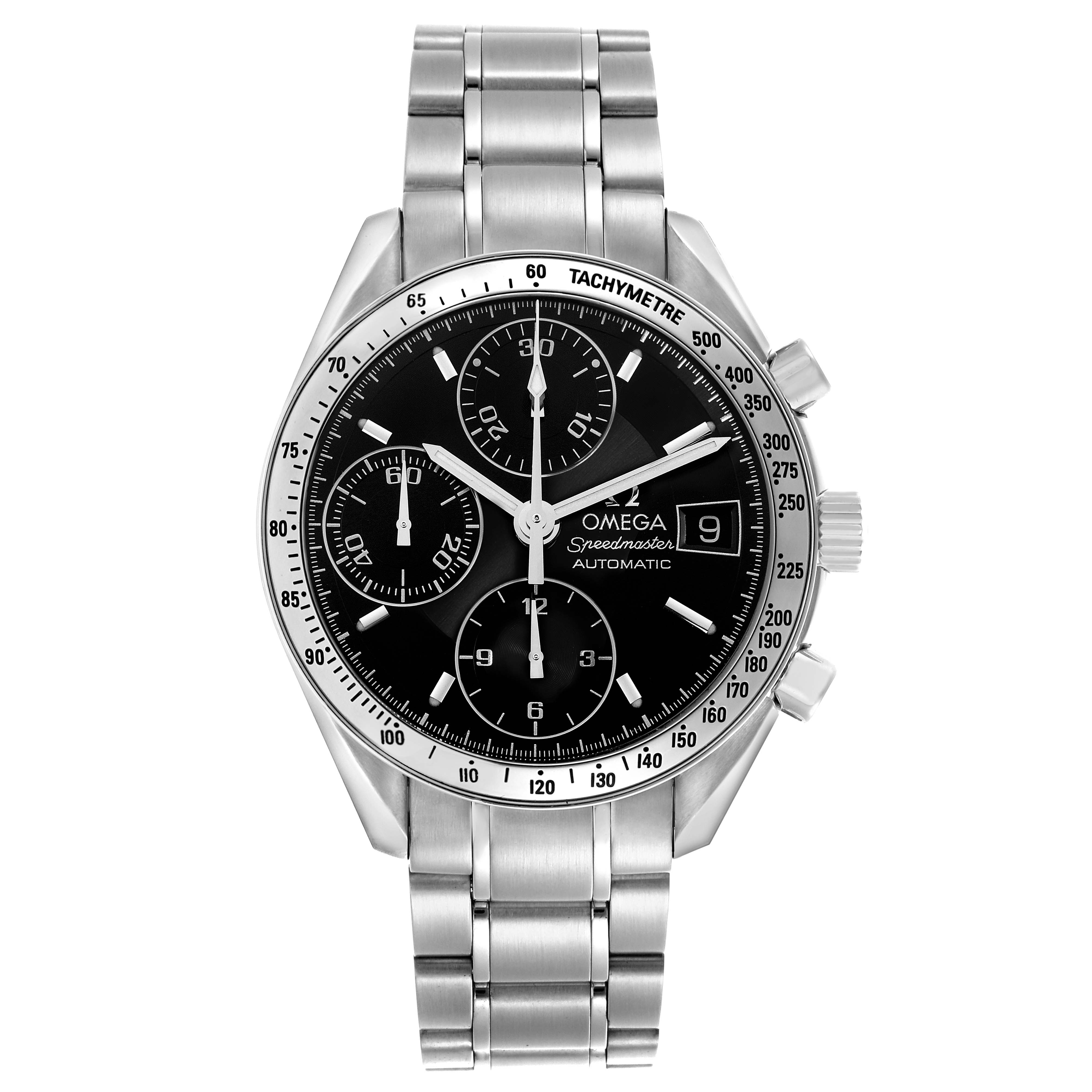 The Omega Speedmaster 3513.50.00 Men's Stainless Steel Black Dial 3513.50.00 Men's Stainless Steel Black Dial watch is shown from the front, highlighting the black dial, subdials, tachymeter bezel, and stainless steel bracelet.