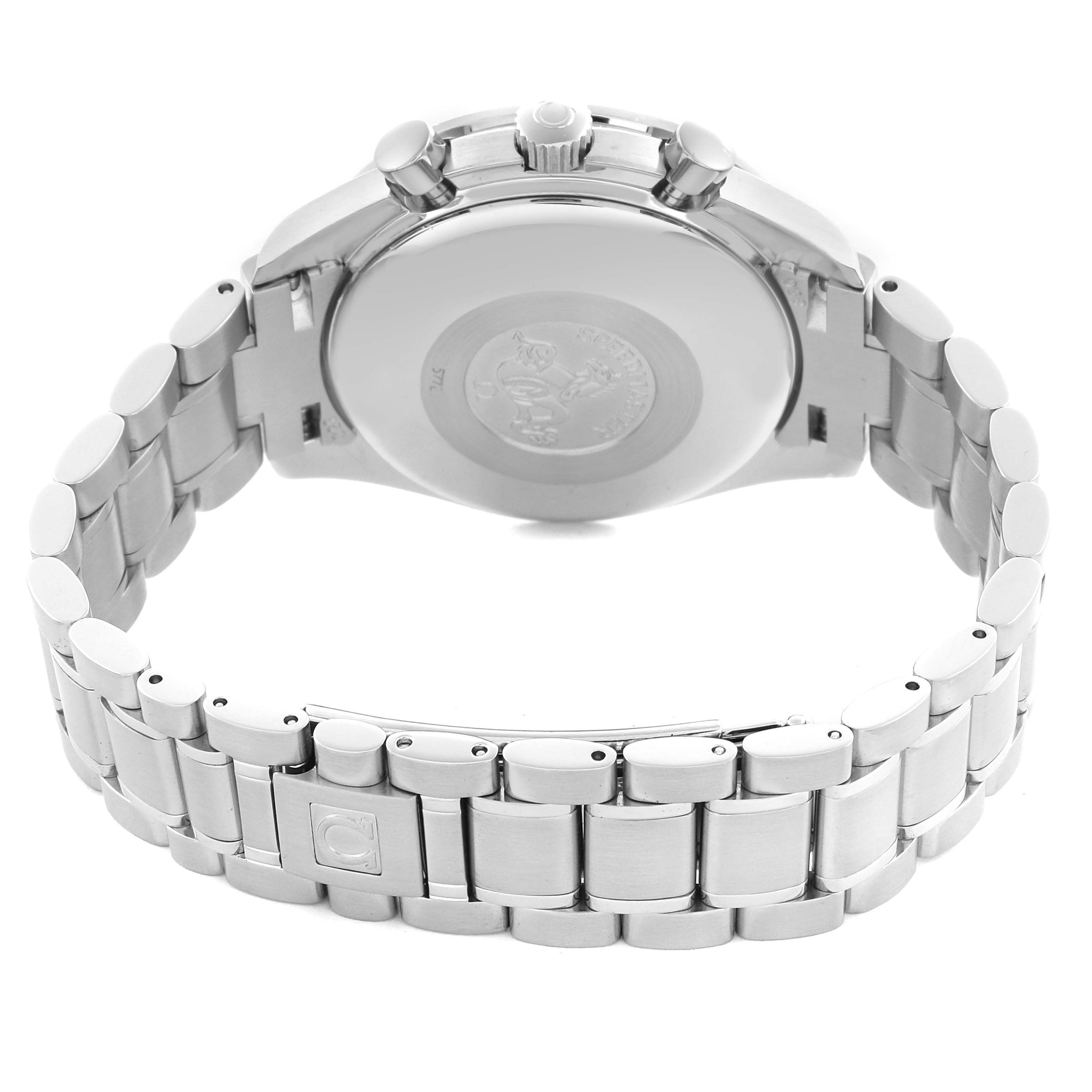 The Omega Speedmaster 3513.50.00 Men's Stainless Steel Black Dial 3513.50.00 Men's Stainless Steel Black Dial is shown from a rear angle, displaying the case back and bracelet.