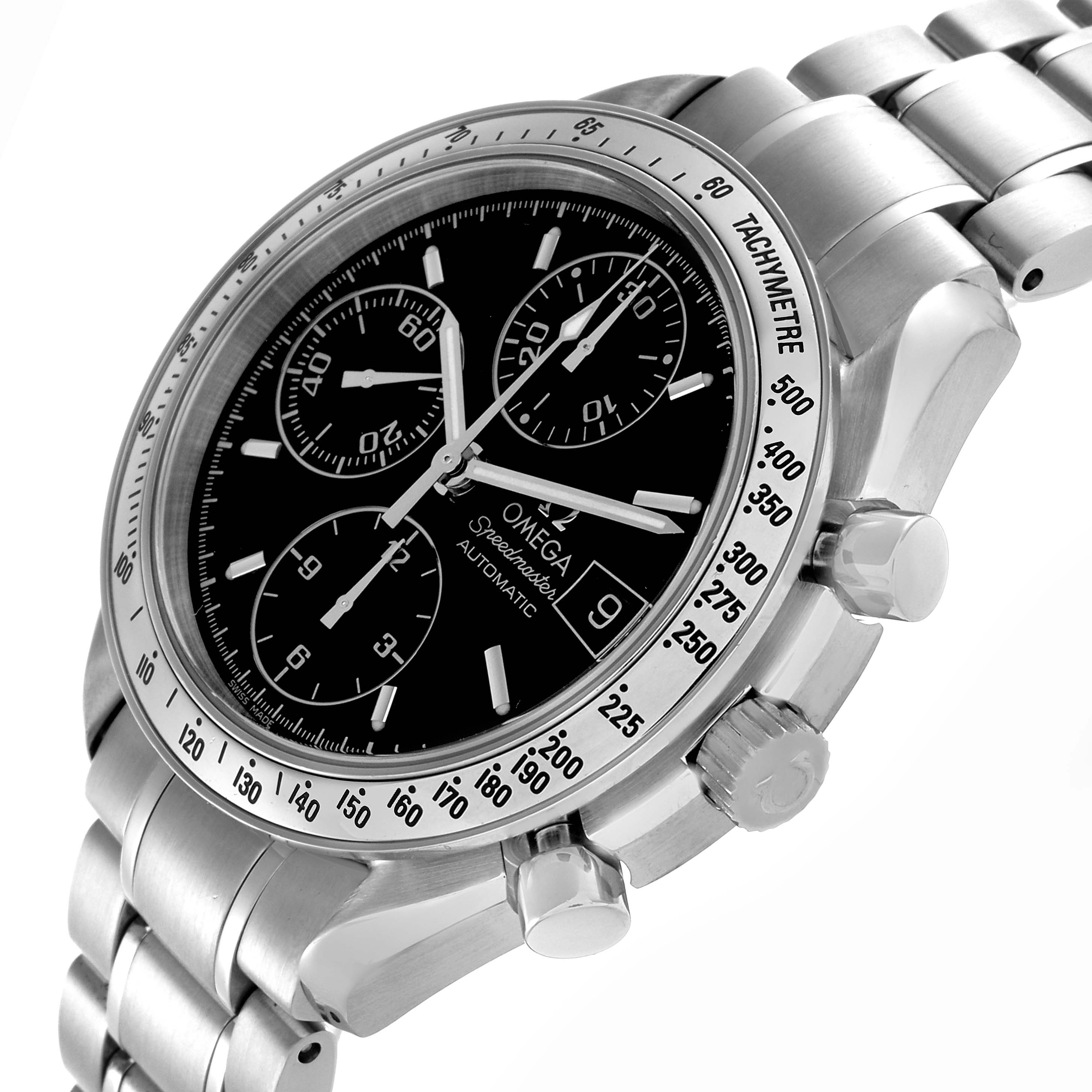 The Omega Speedmaster 3513.50.00 Men's Stainless Steel Black Dial 3513.50.00 Men's Stainless Steel Black Dial watch is shown at a three-quarter angle highlighting the dial, bezel, crown, and pushers, with a view of the bracelet.