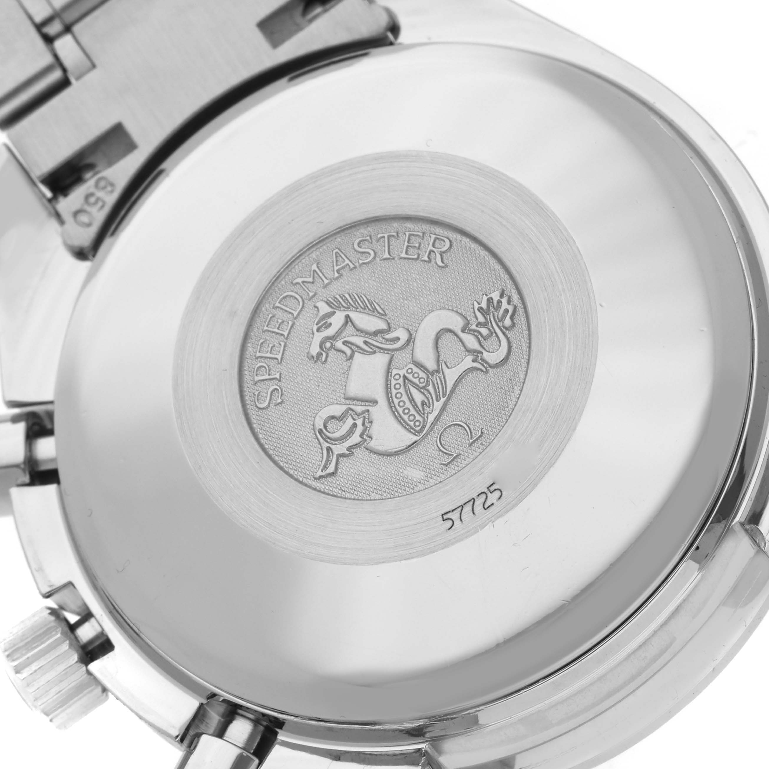 The image shows the case back of an Omega Speedmaster 3513.50.00 Men's Stainless Steel Black Dial 3513.50.00 Men's Stainless Steel Black Dial, featuring its emblem and "Speedmaster" inscription.