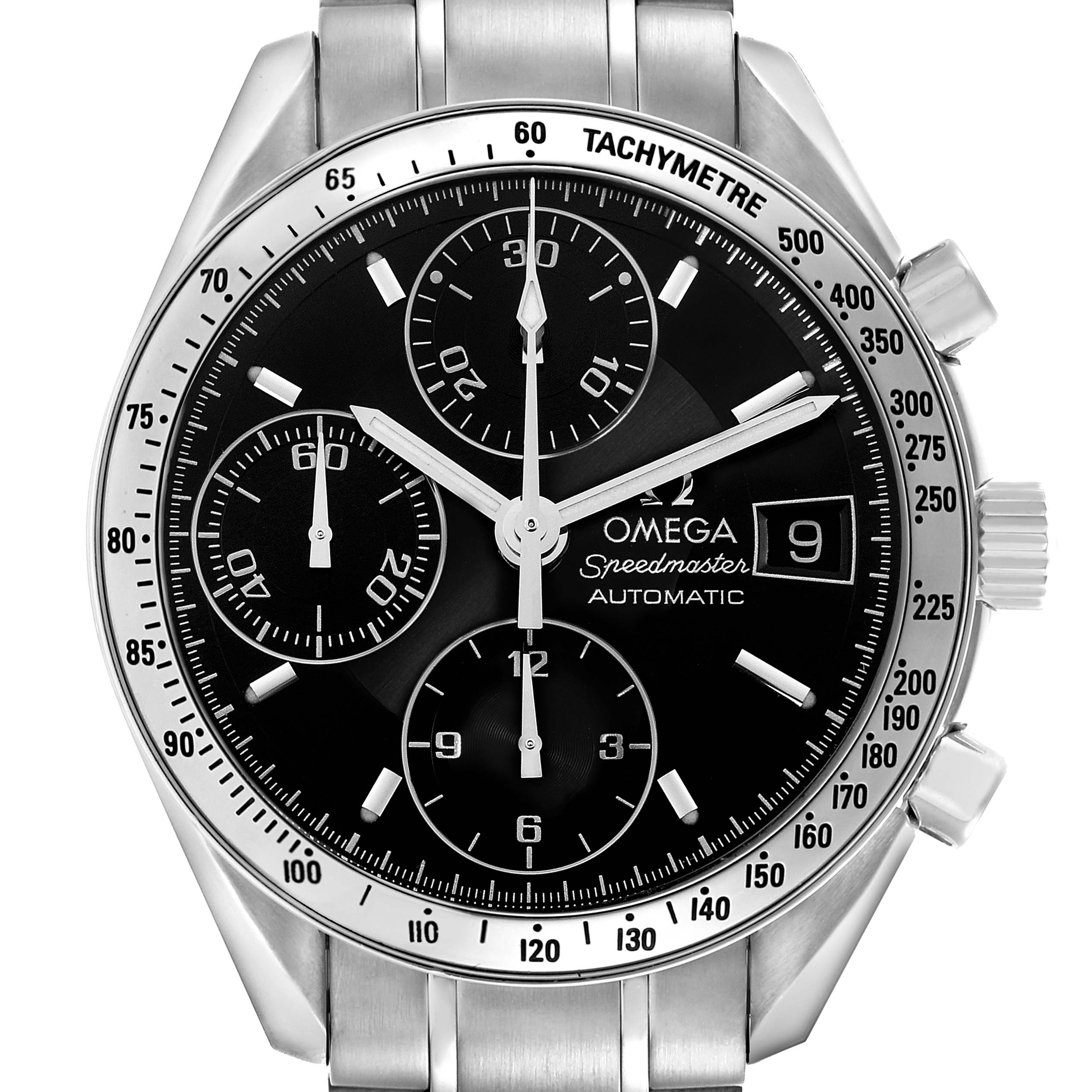 This Omega Speedmaster 3513.50.00 Men's Stainless Steel Black Dial 3513.50.00 Men's Stainless Steel Black Dial watch is shown from a front angle, highlighting the dial, tachymeter, date window, and chronograph sub-dials.