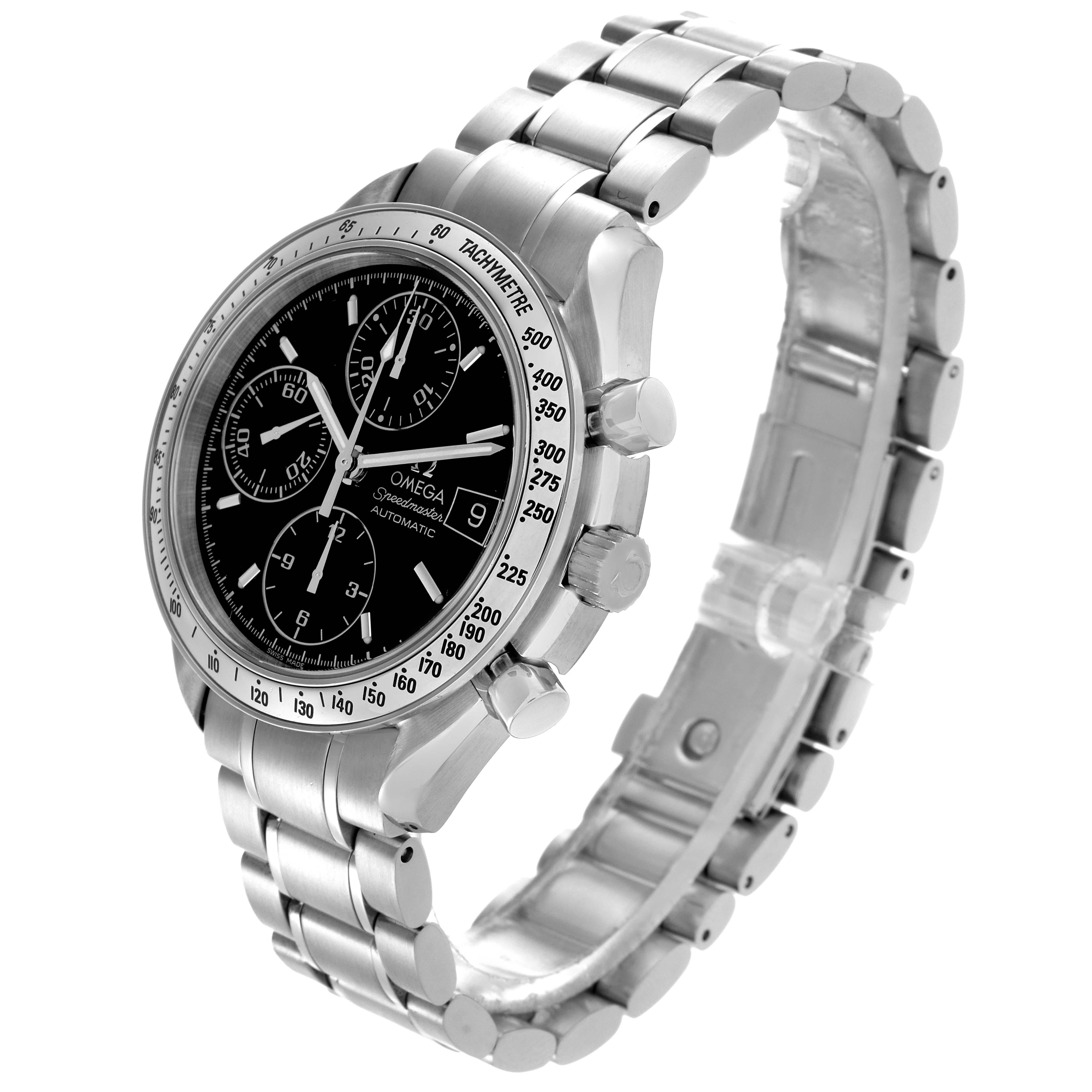The Omega Speedmaster 3513.50.00 Men's Stainless Steel Black Dial 3513.50.00 Men's Stainless Steel Black Dial model is shown from a three-quarter angle, displaying the dial, bezel, chrono pushers, crown, and bracelet.