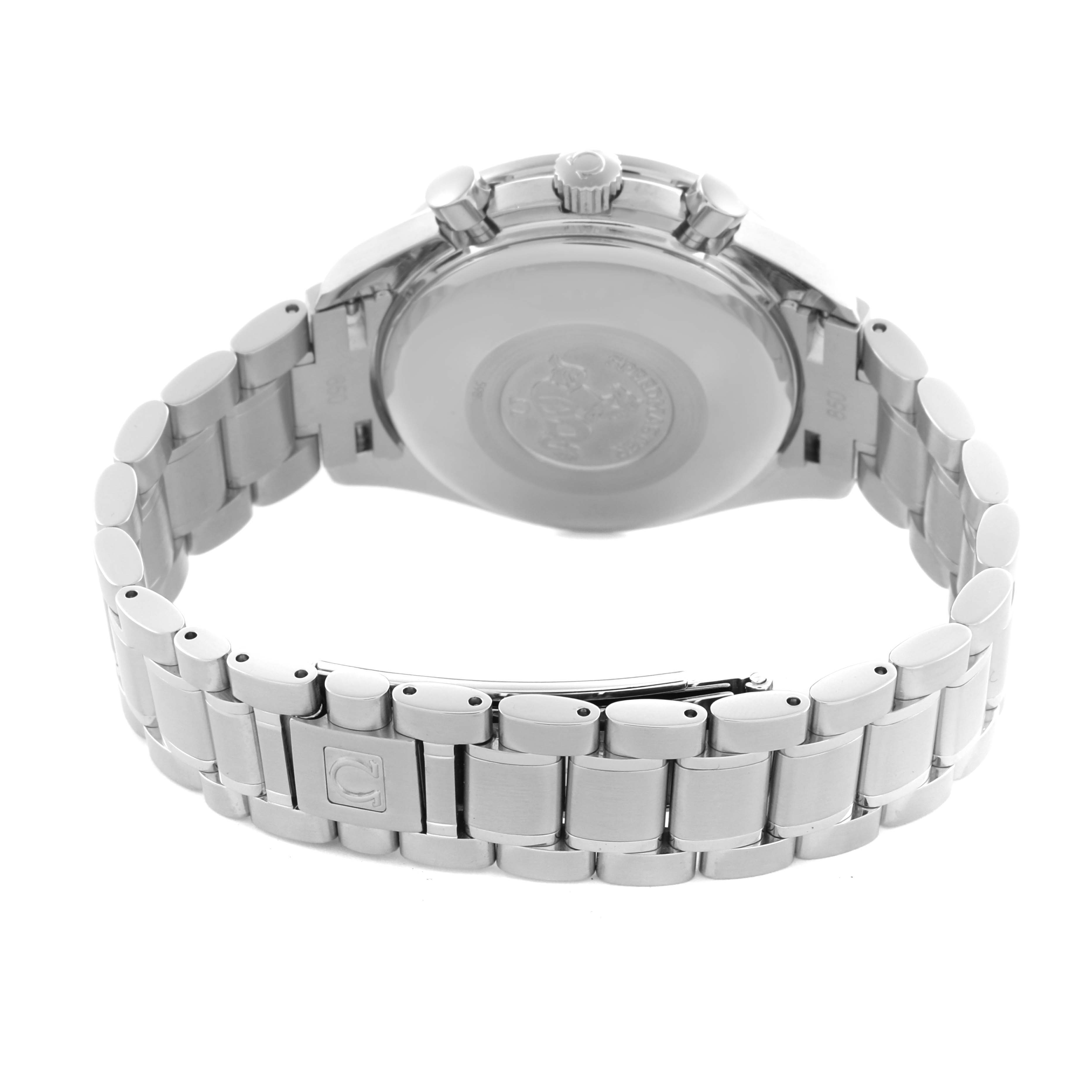 The image shows the back and bracelet of an Omega Speedmaster 3513.50.00 Men
s Stainless Steel Black Dial 3513.50.00 Men
s Stainless Steel Black Dial, focusing on the clasp and case back details.