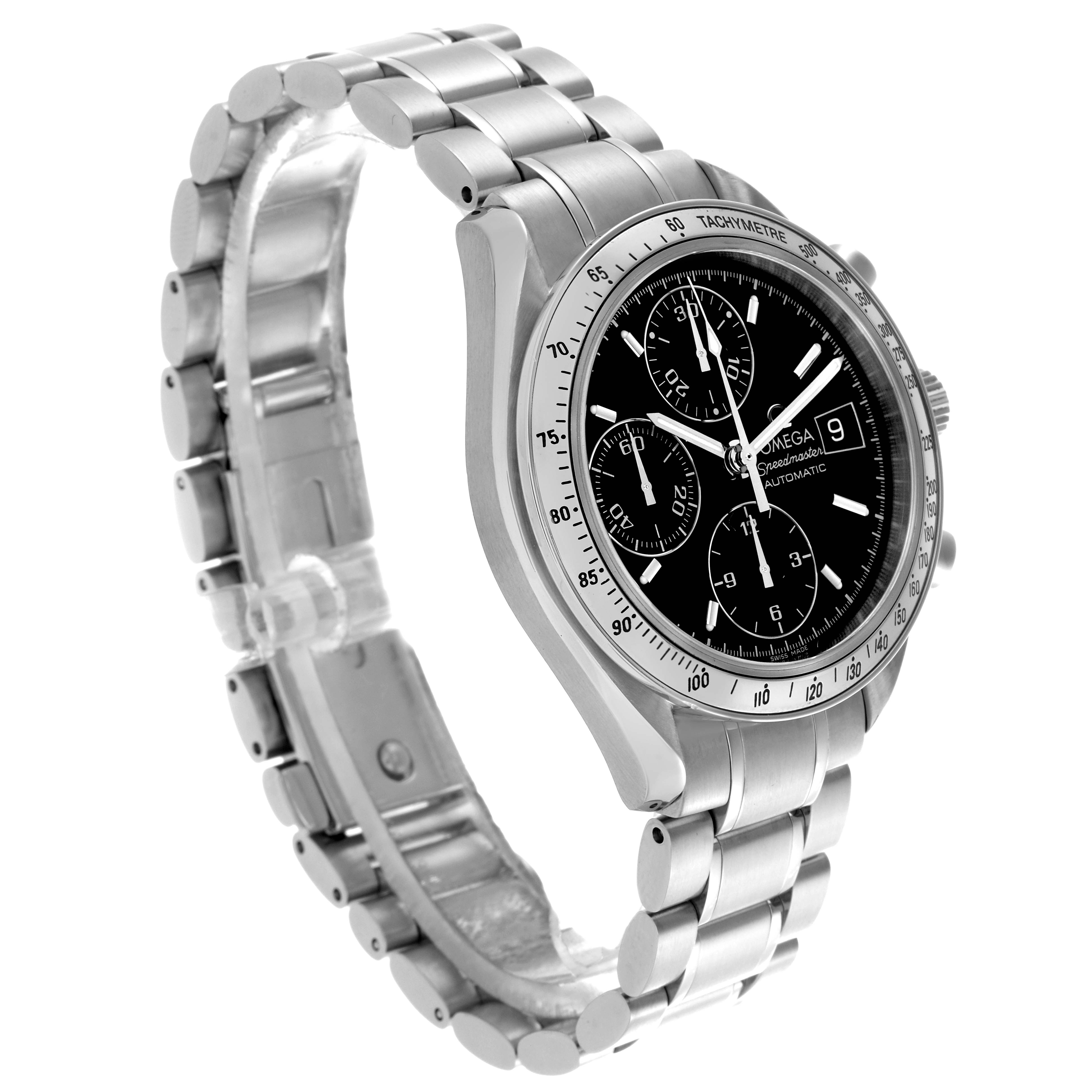 The Omega Speedmaster 3513.50.00 Men
s Stainless Steel Black Dial 3513.50.00 Men
s Stainless Steel Black Dial watch is shown from a 3/4 angle, highlighting the face, bezel, and bracelet.