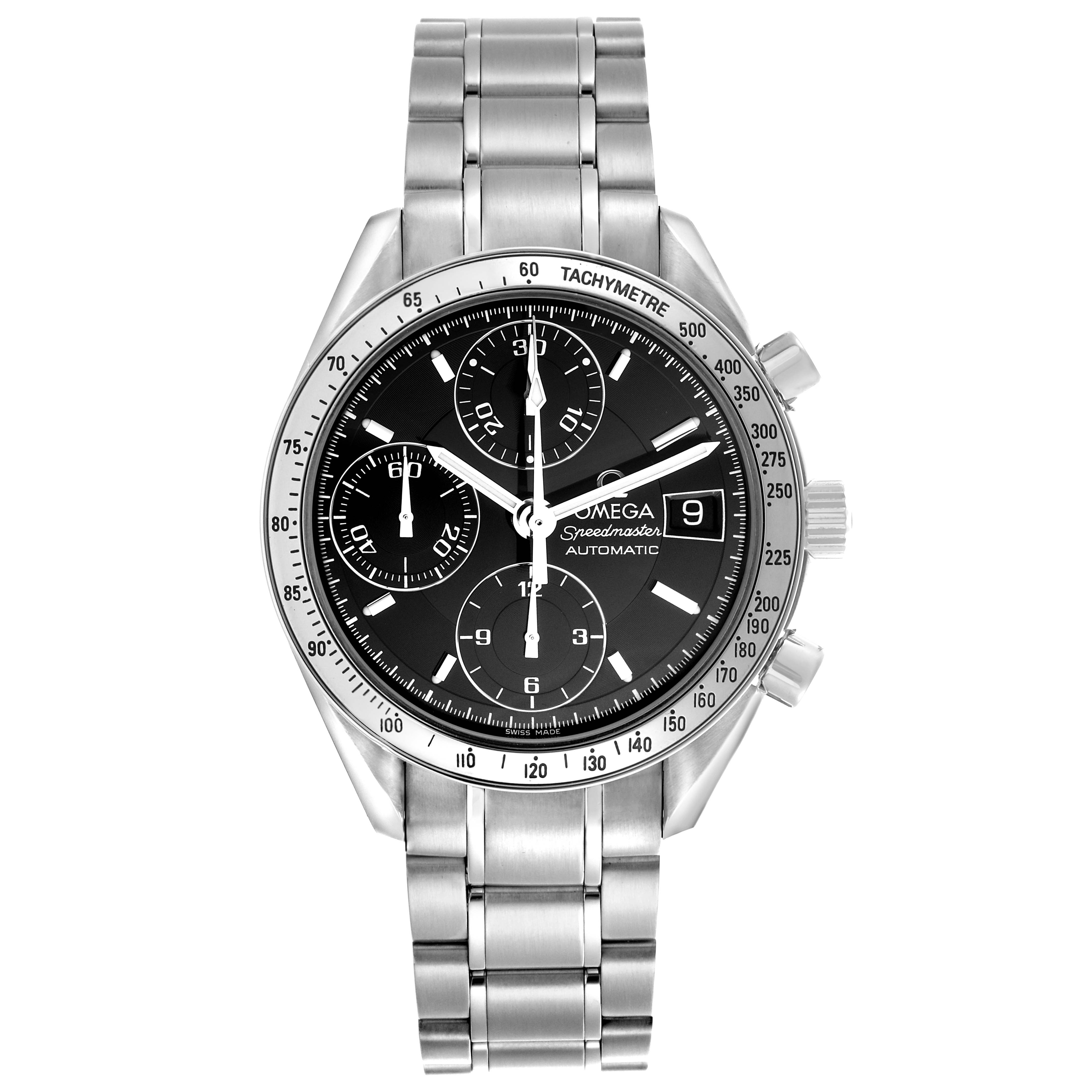 The image shows a frontal view of the Omega Speedmaster 3513.50.00 Men
s Stainless Steel Black Dial 3513.50.00 Men
s Stainless Steel Black Dial, displaying the dial, bezel, pushers, crown, and metal bracelet.
