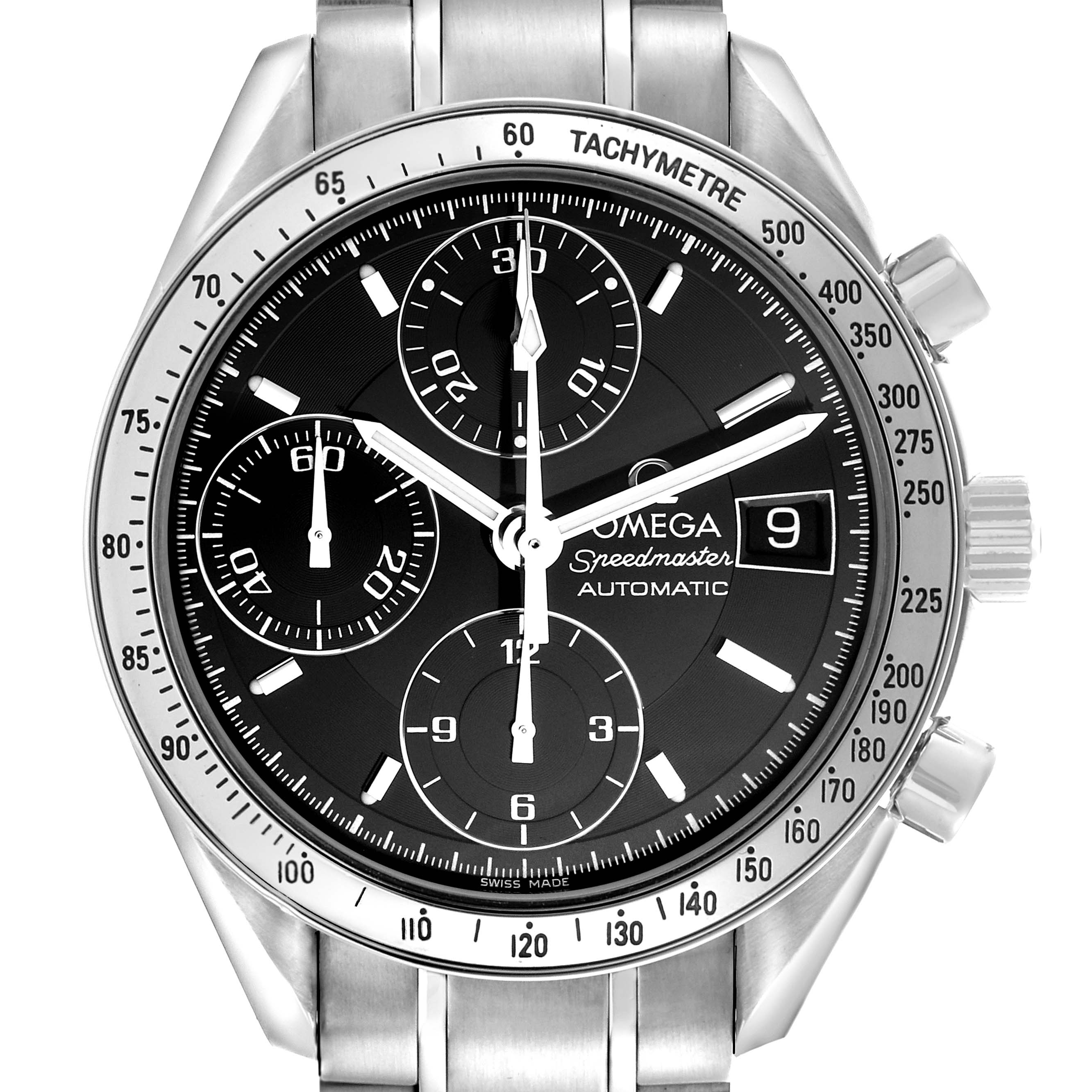 The Omega Speedmaster 3513.50.00 Men
s Stainless Steel Black Dial 3513.50.00 Men
s Stainless Steel Black Dial watch is shown from a front angle, highlighting the dial, tachymeter bezel, and chronograph sub-dials.