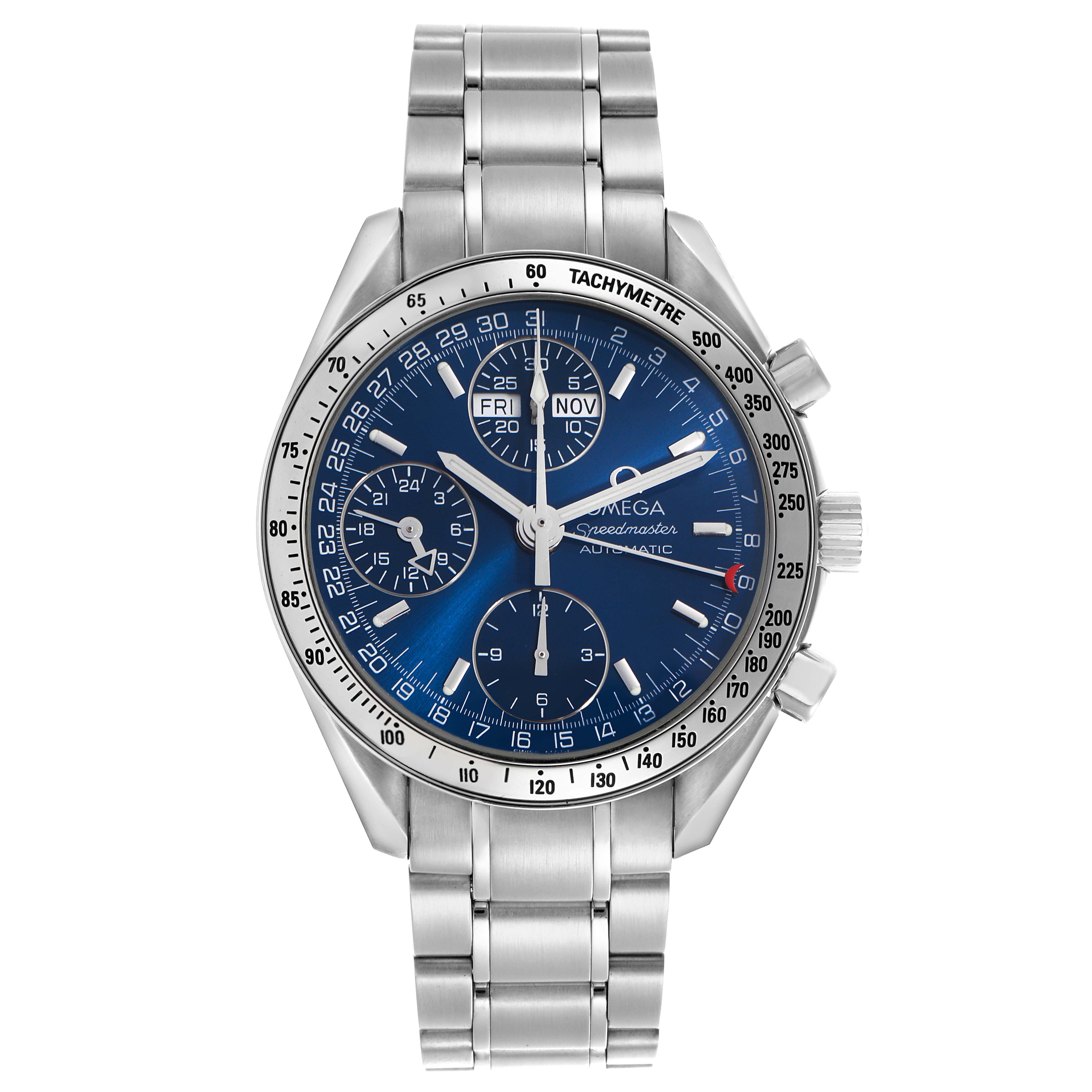 The image shows a front view of the Omega Speedmaster 3523.80.00 Men
s Stainless Steel Blue Dial 3523.80.00 Men
s Stainless Steel Blue Dial watch, displaying the dial, bezel, and bracelet.