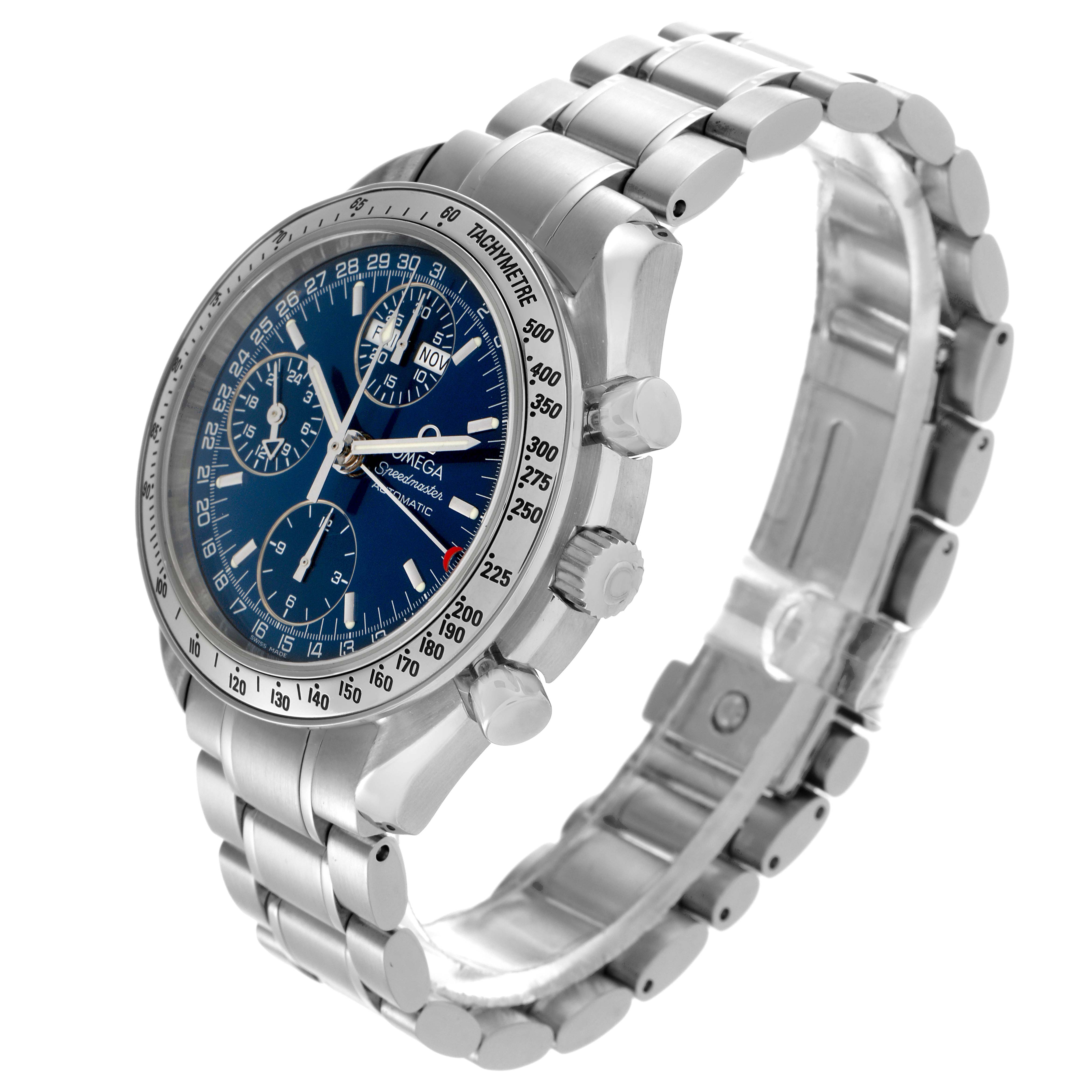 The Omega Speedmaster 3523.80.00 Men
s Stainless Steel Blue Dial 3523.80.00 Men
s Stainless Steel Blue Dial watch is shown from a side angle, highlighting the case, bracelet, and bezel with a blue dial.