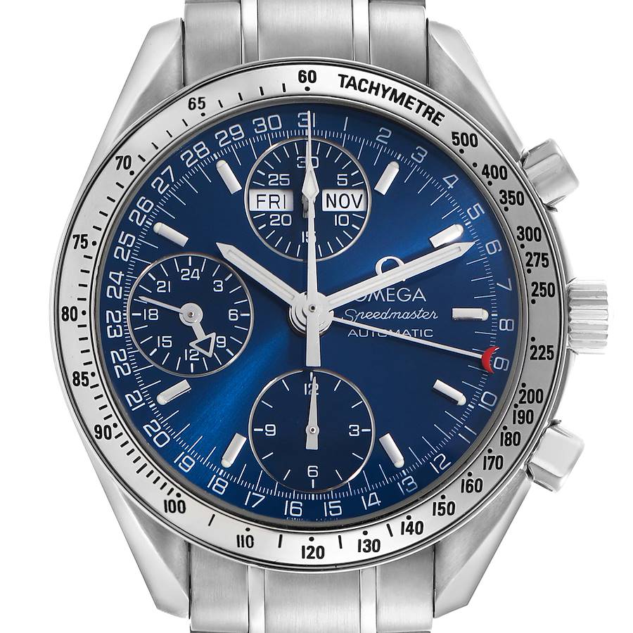 This image shows a frontal view of the Omega Speedmaster watch, highlighting the dial, subdials, and tachymeter bezel.