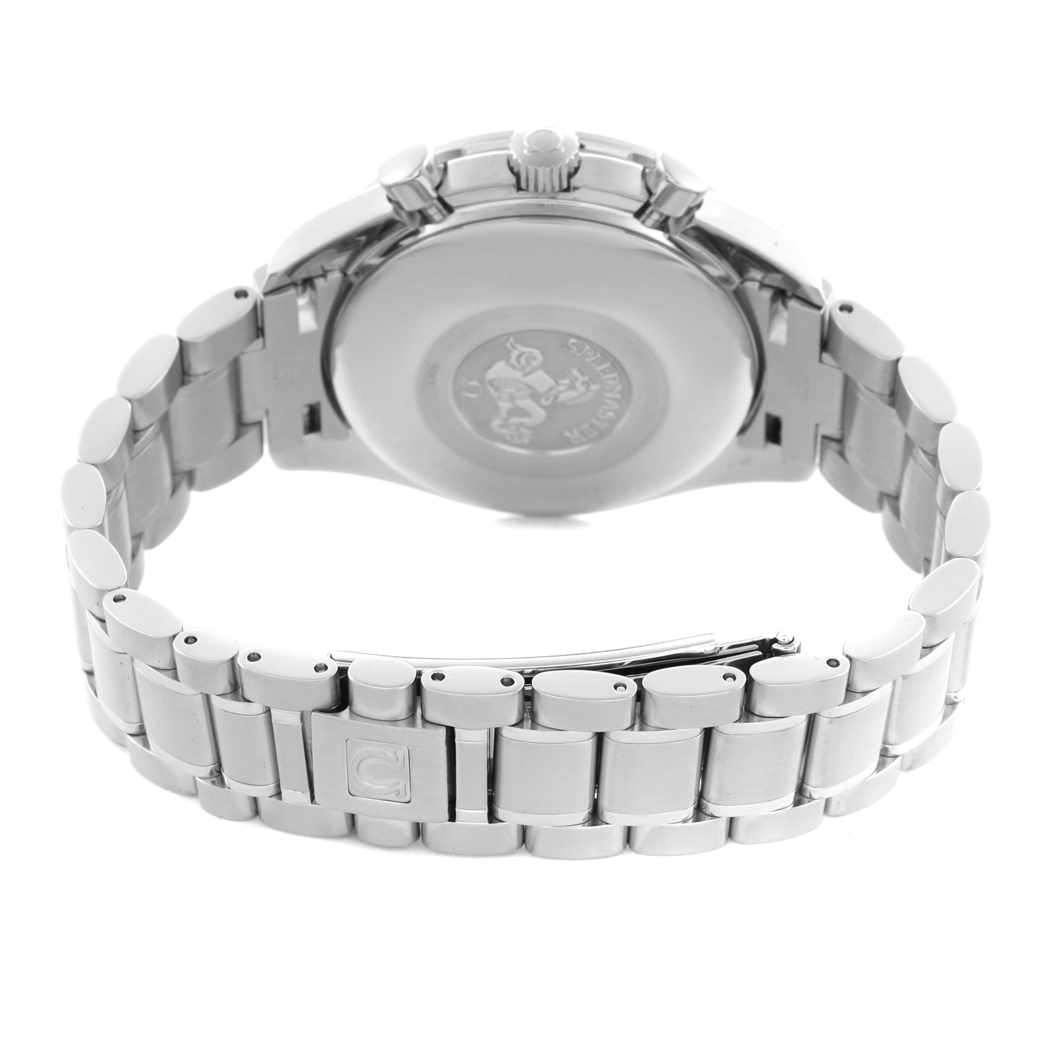 The image shows the back view of an Omega Speedmaster 3523.80.00 Men
s Stainless Steel Blue Dial 3523.80.00 Men
s Stainless Steel Blue Dial, highlighting the case back and stainless steel bracelet with clasp.