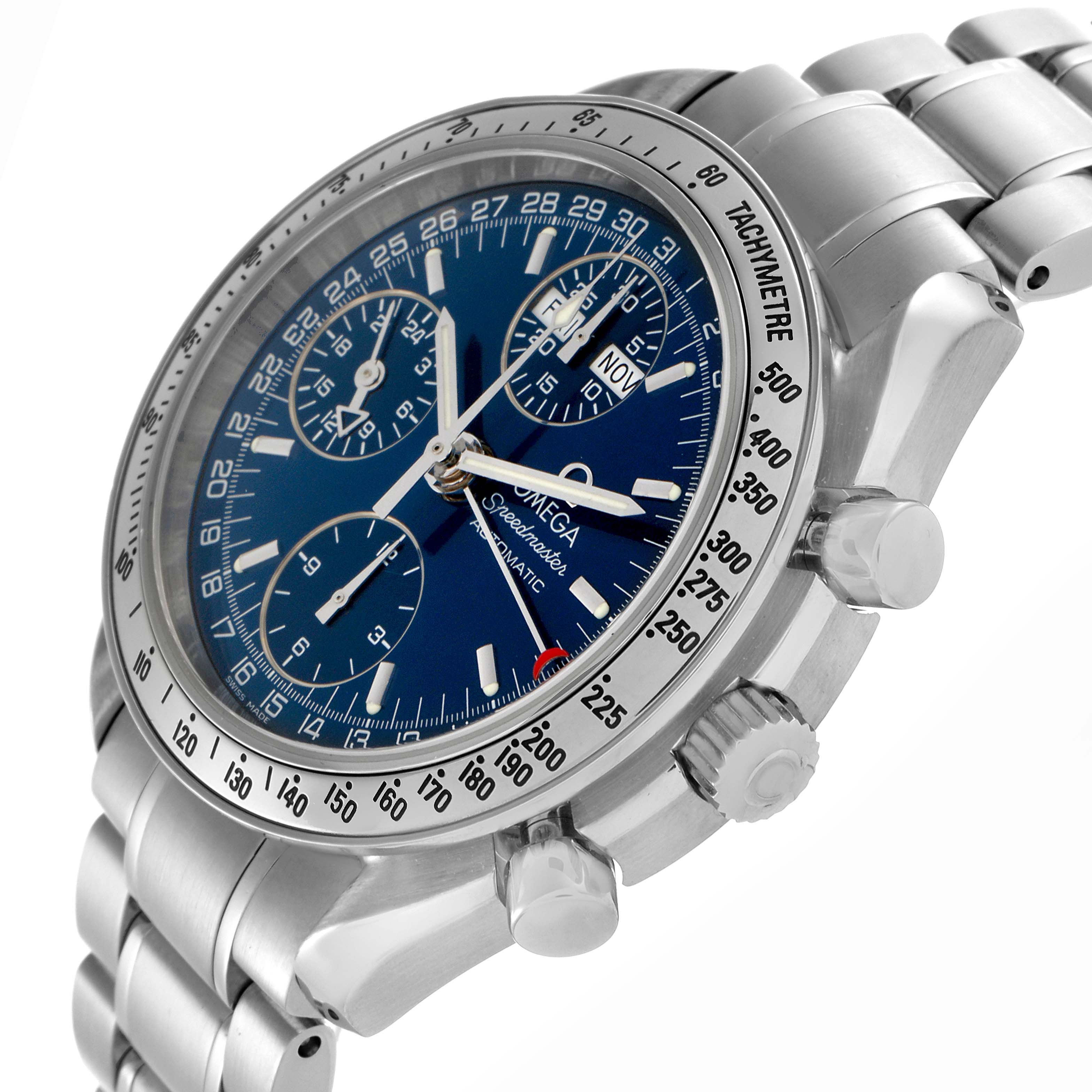 The Omega Speedmaster 3523.80.00 Men
s Stainless Steel Blue Dial 3523.80.00 Men
s Stainless Steel Blue Dial is shown at an angle highlighting the tachymeter bezel, chronograph dials, crown, and side pushers.