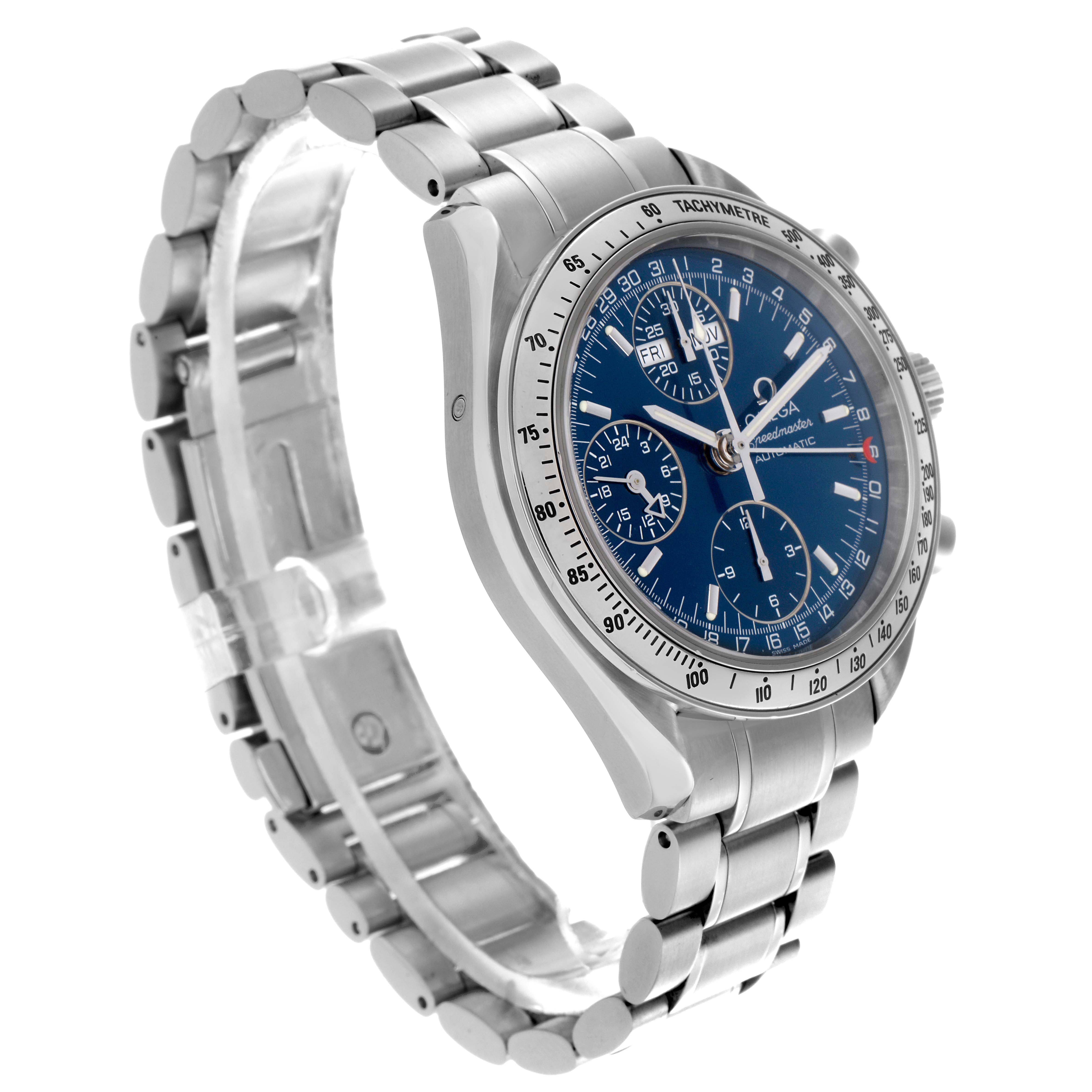 The Omega Speedmaster 3523.80.00 Men
s Stainless Steel Blue Dial 3523.80.00 Men
s Stainless Steel Blue Dial watch is shown at a front-left angle, displaying the blue dial, bezel, and metallic bracelet.