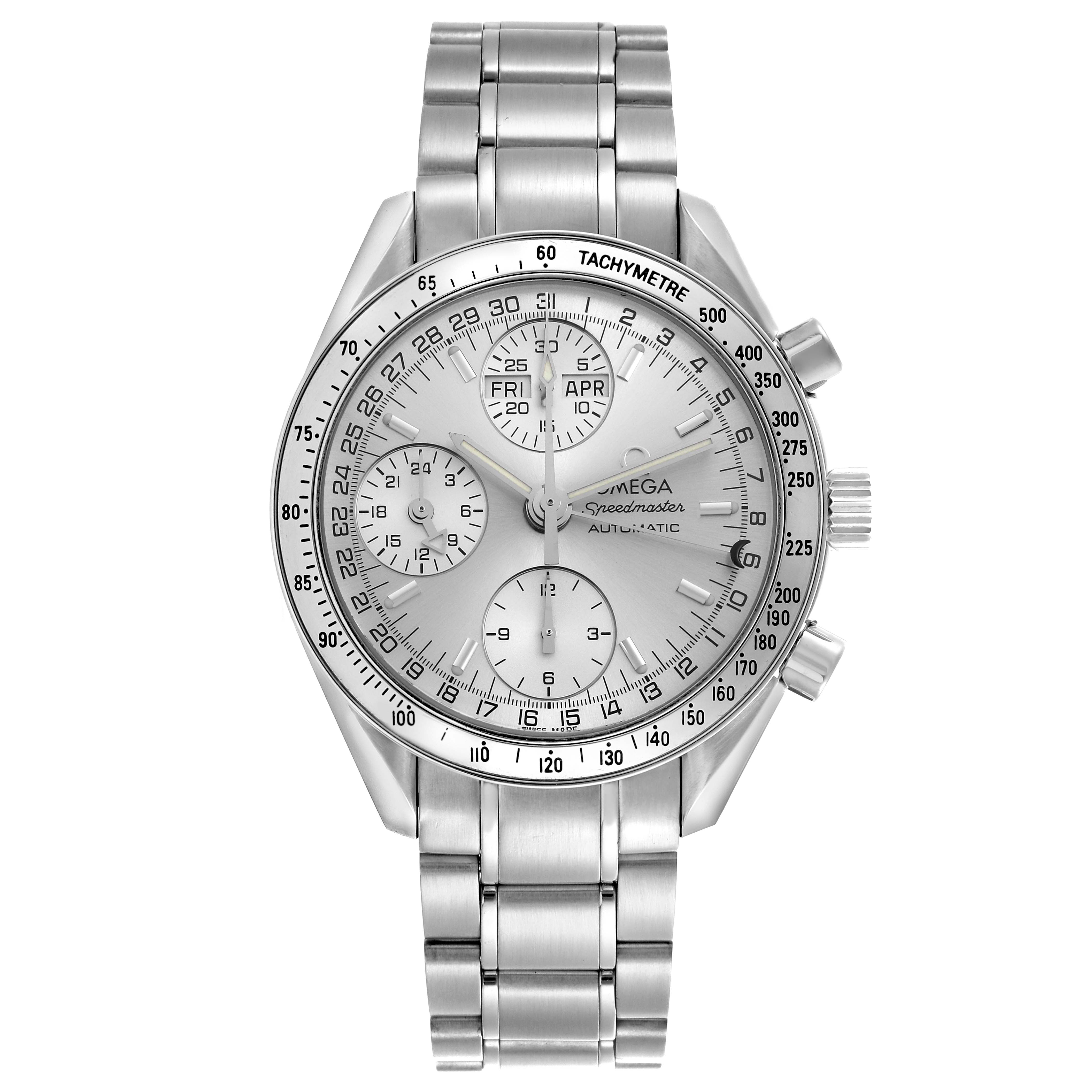 The Omega Speedmaster 3523.30.00 Men's Stainless Steel Silver Dial 3523.30.00 Men's Stainless Steel Silver Dial watch is shown from a front angle, highlighting its face, bezel, and steel bracelet.