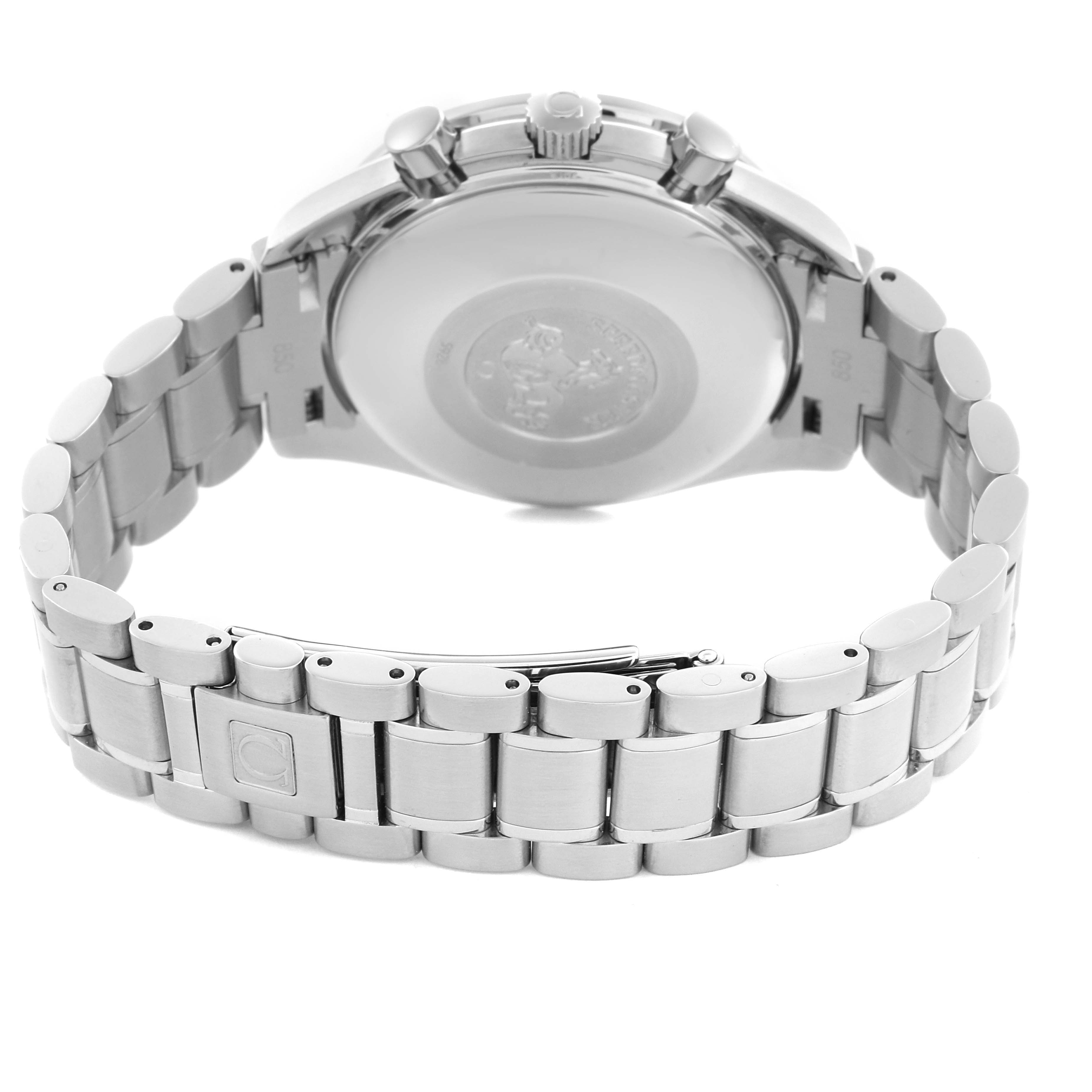 The Omega Speedmaster 3523.30.00 Men's Stainless Steel Silver Dial 3523.30.00 Men's Stainless Steel Silver Dial watch is shown from the back, displaying the case back, crown, pushers, and metal bracelet.