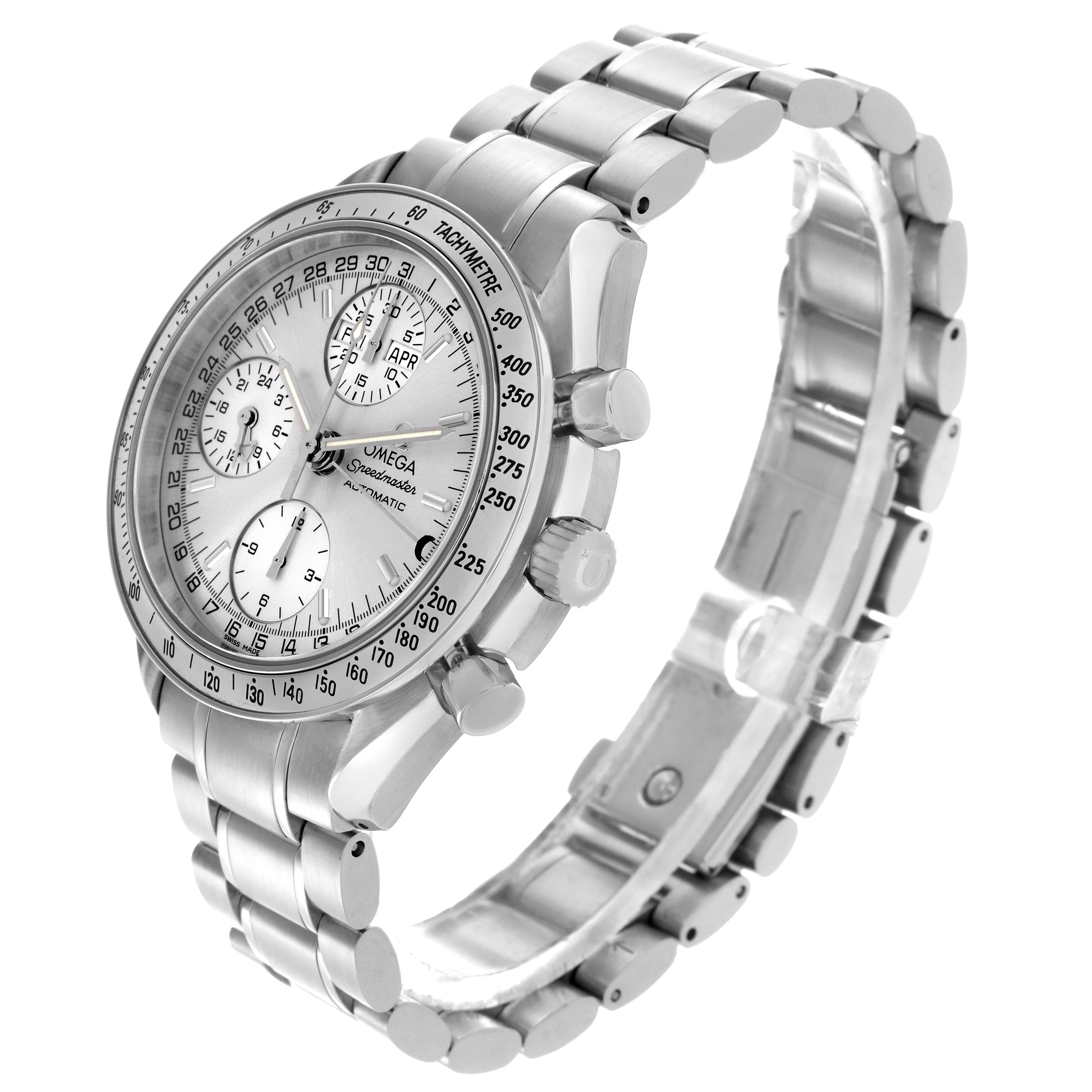 The Omega Speedmaster 3523.30.00 Men's Stainless Steel Silver Dial 3523.30.00 Men's Stainless Steel Silver Dial watch is shown at a three-quarter angle, highlighting the dial, bezel, pushers, and bracelet.