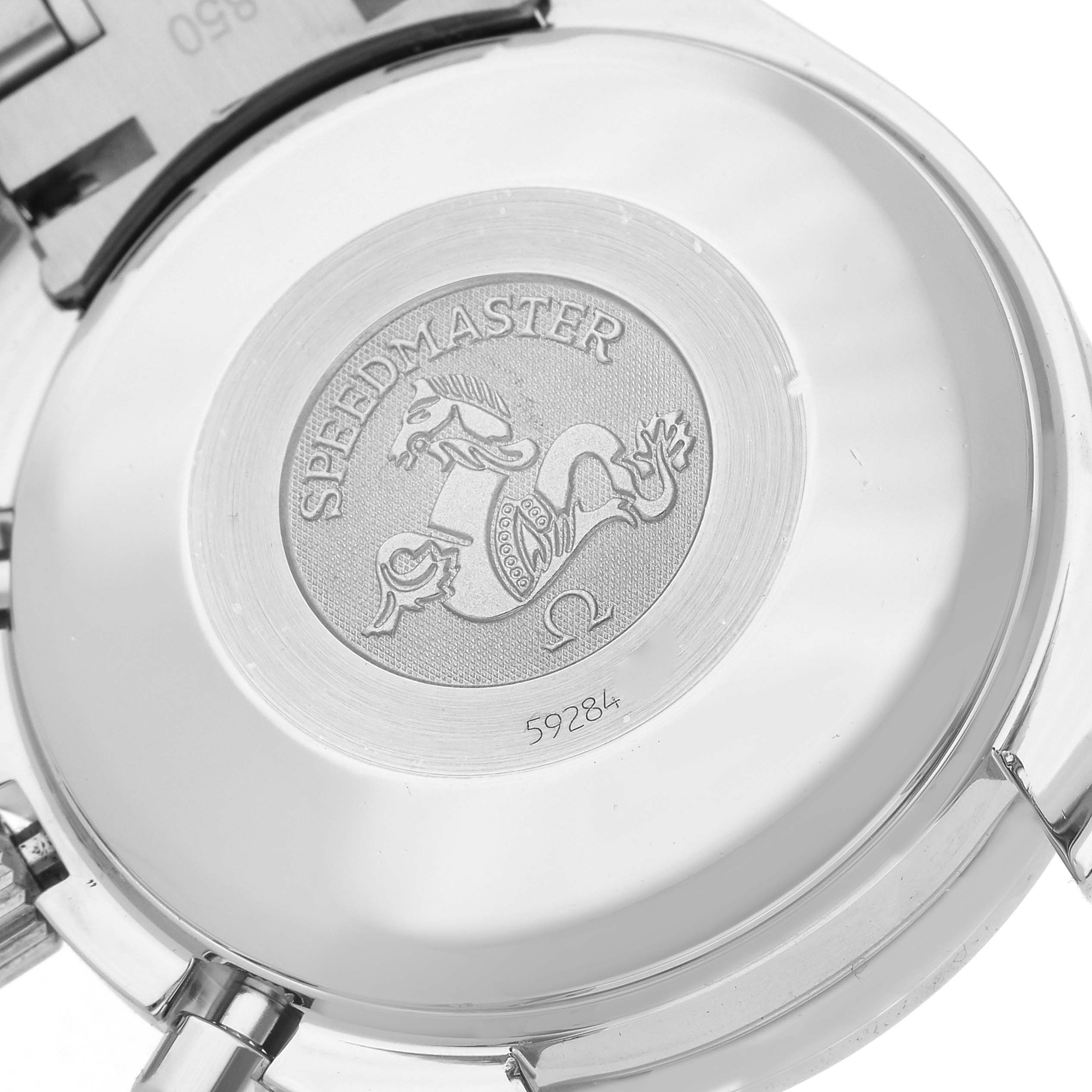 The image shows the case back of an Omega Speedmaster 3523.30.00 Men's Stainless Steel Silver Dial 3523.30.00 Men's Stainless Steel Silver Dial watch, featuring the engraved logo and markings.