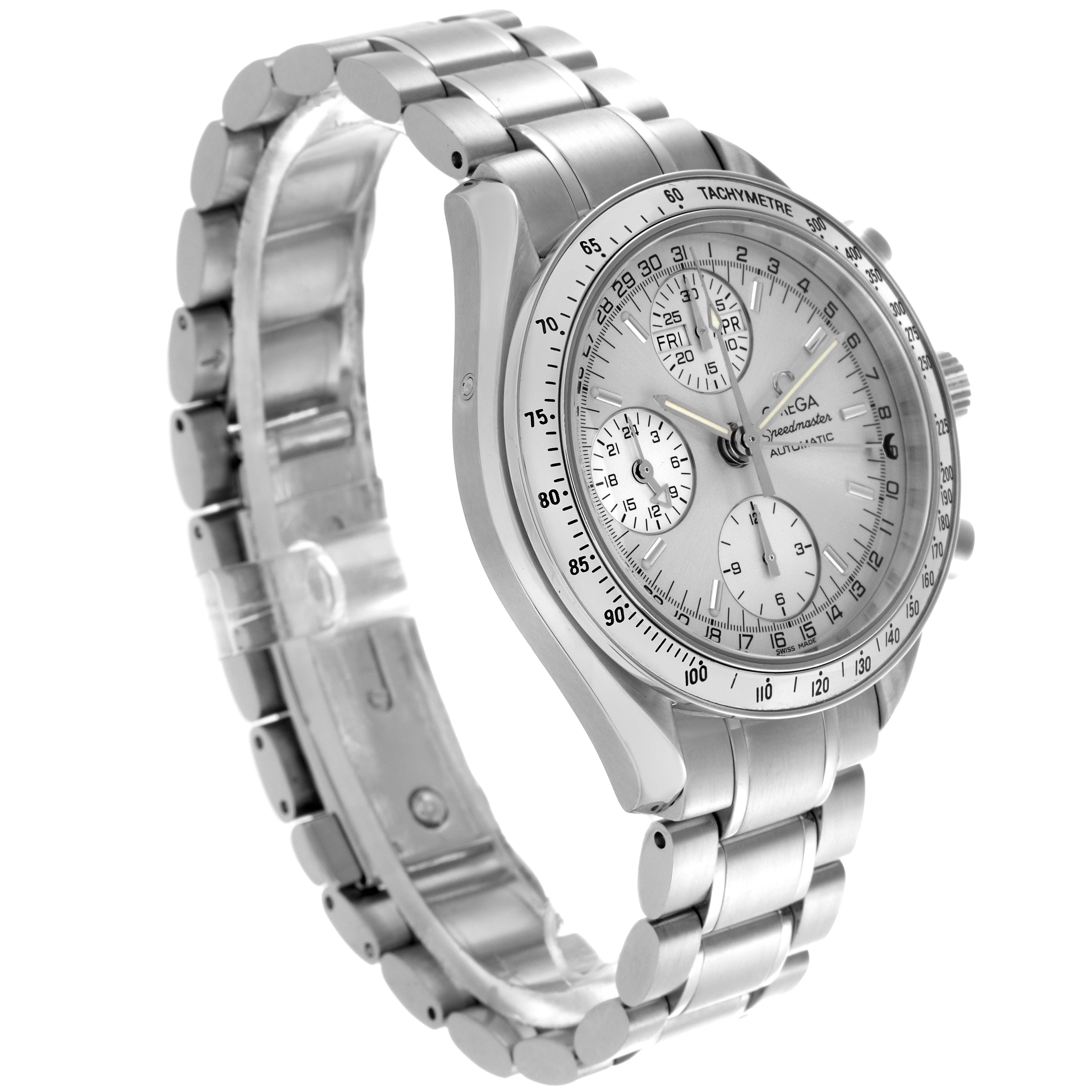 The Omega Speedmaster 3523.30.00 Men's Stainless Steel Silver Dial 3523.30.00 Men's Stainless Steel Silver Dial watch is shown at a slight side angle, highlighting the face, bracelet, and tachymeter bezel.