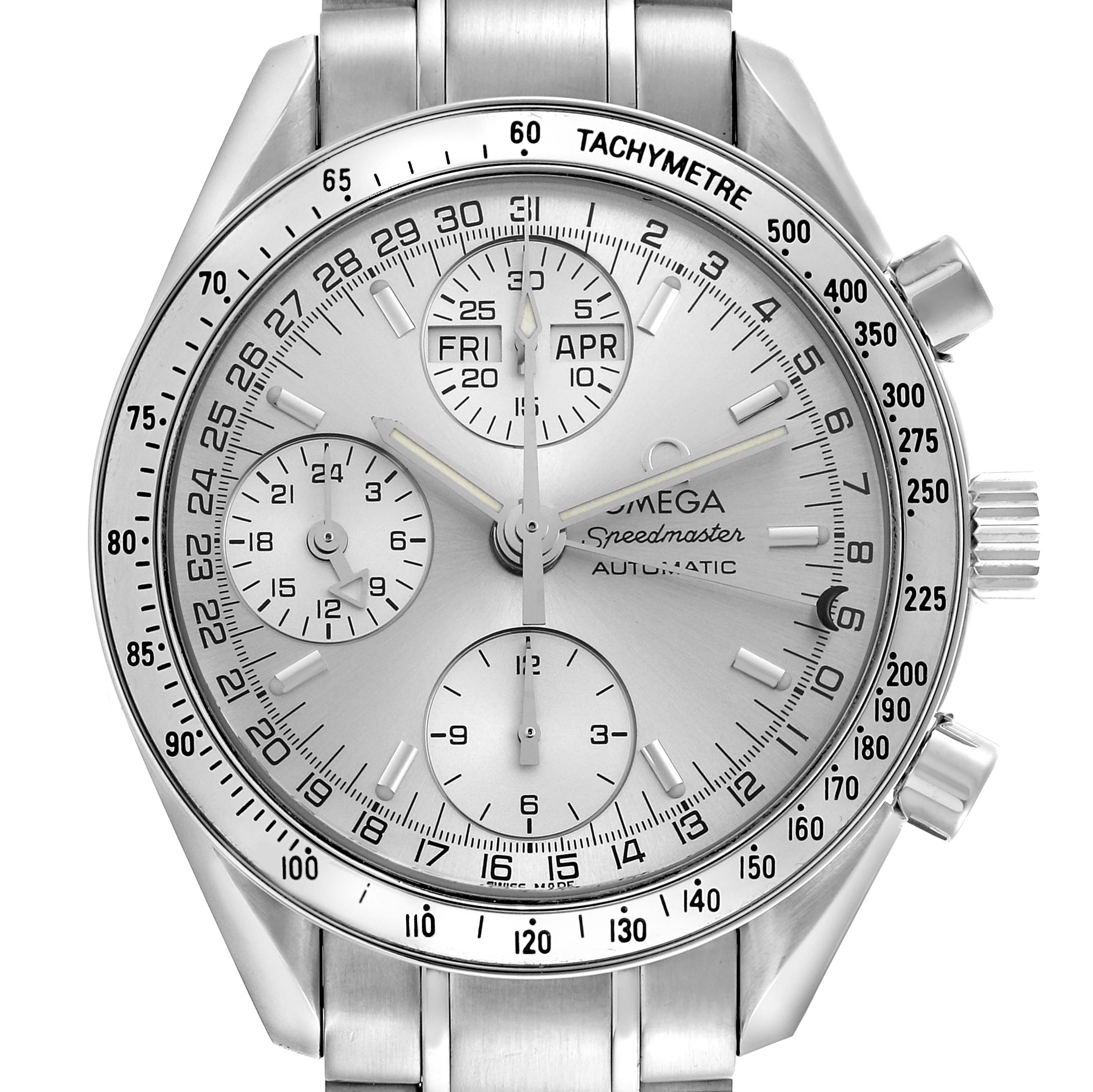 The Omega Speedmaster 3523.30.00 Men's Stainless Steel Silver Dial 3523.30.00 Men's Stainless Steel Silver Dial watch is shown from a front angle, highlighting its dial, tachymeter, subdials, and bracelet.