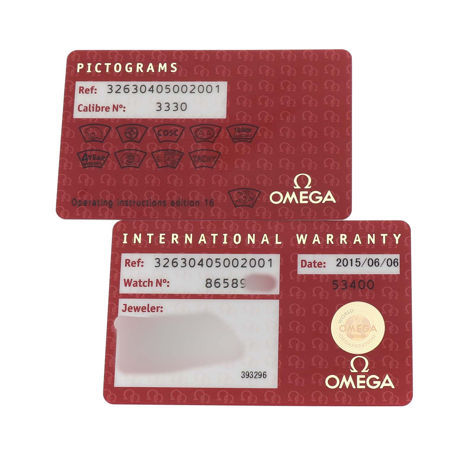The image shows two Omega Speedmaster 326.30.40.50.02.001 Men's Stainless Steel Silver Dial cards: a pictogram card and an international warranty card.