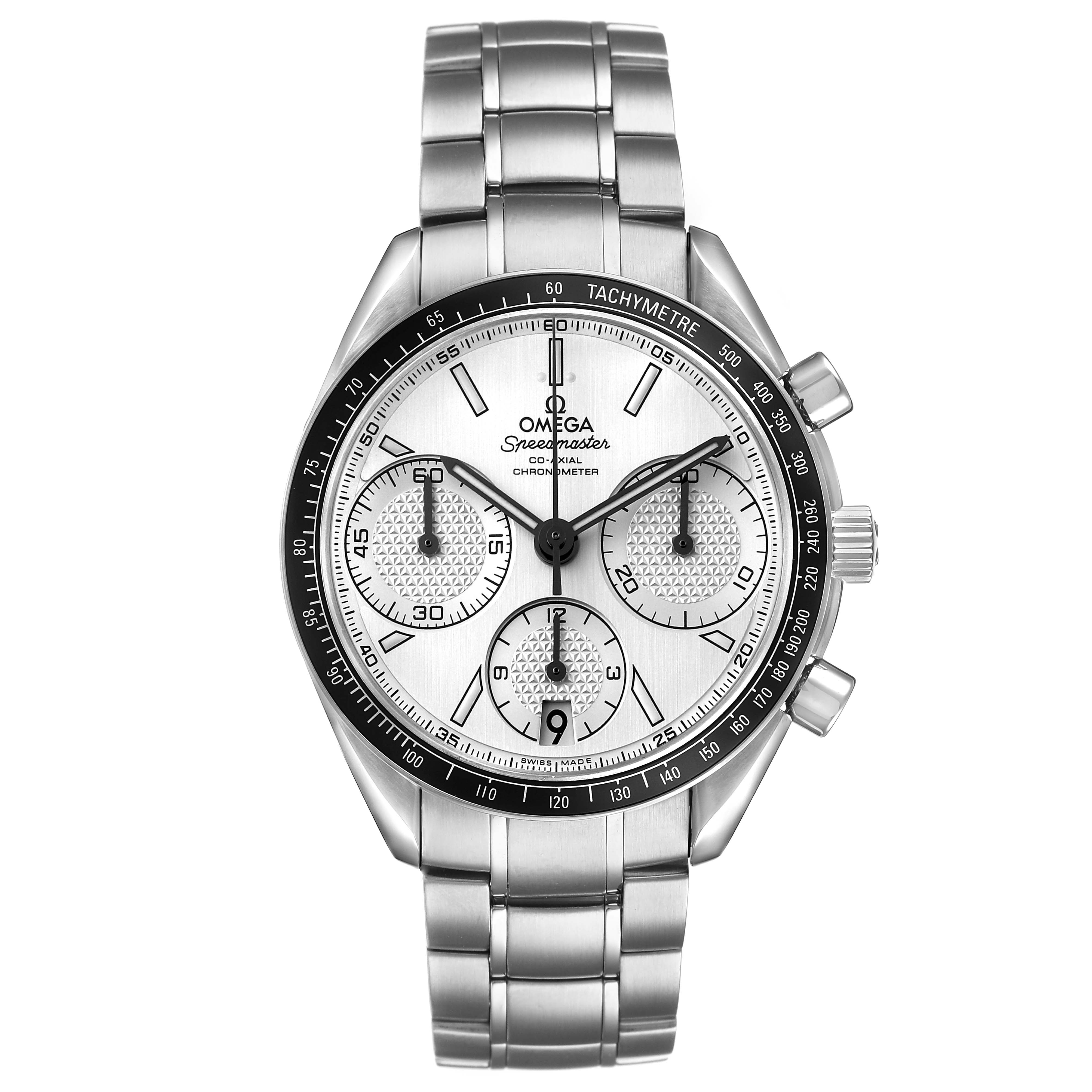 The Omega Speedmaster 326.30.40.50.02.001 Men's Stainless Steel Silver Dial watch is shown from the front, highlighting the dial, bezel, and bracelet.