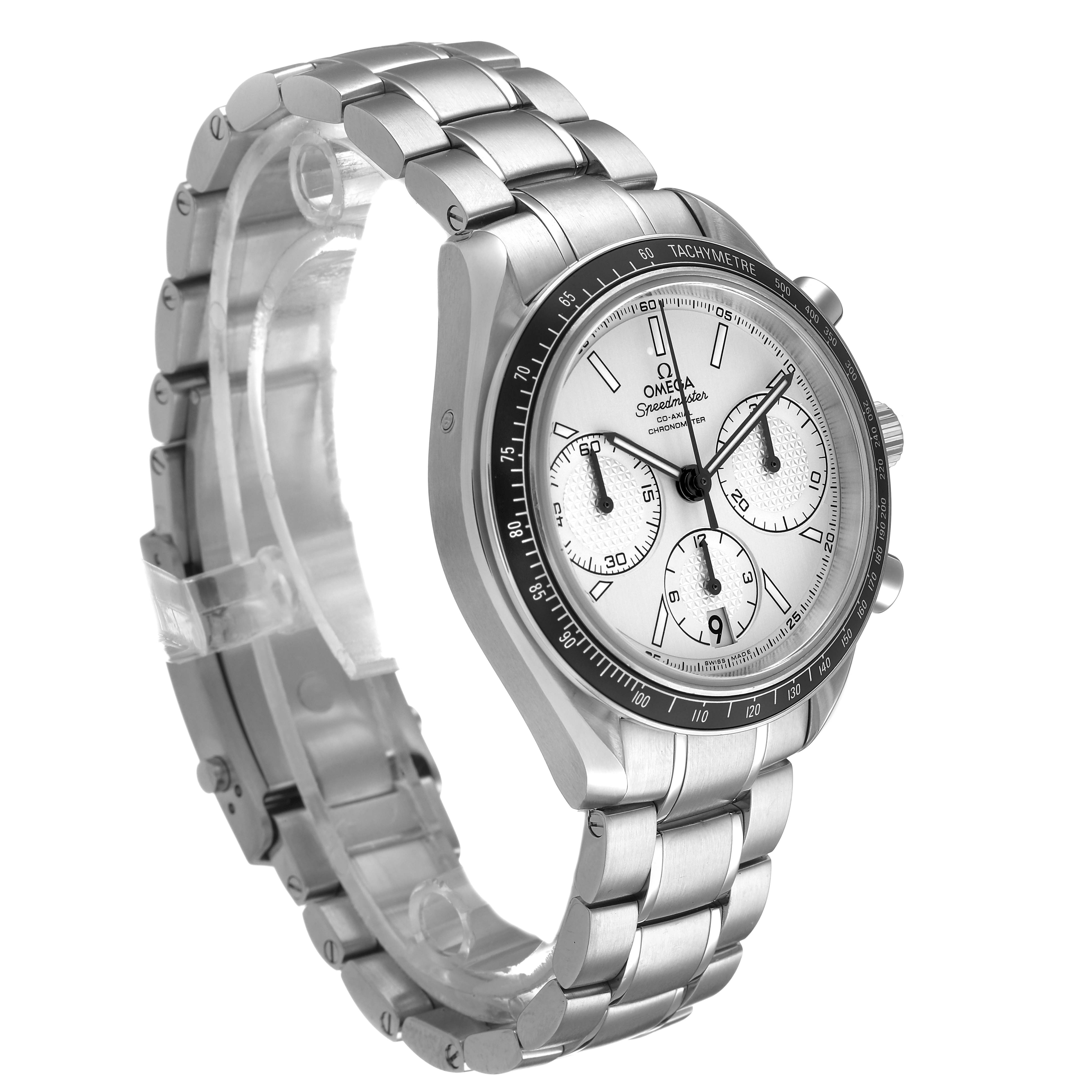 The Omega Speedmaster 326.30.40.50.02.001 Men's Stainless Steel Silver Dial watch is shown from a three-quarter angle, highlighting the face, bezel, and bracelet.