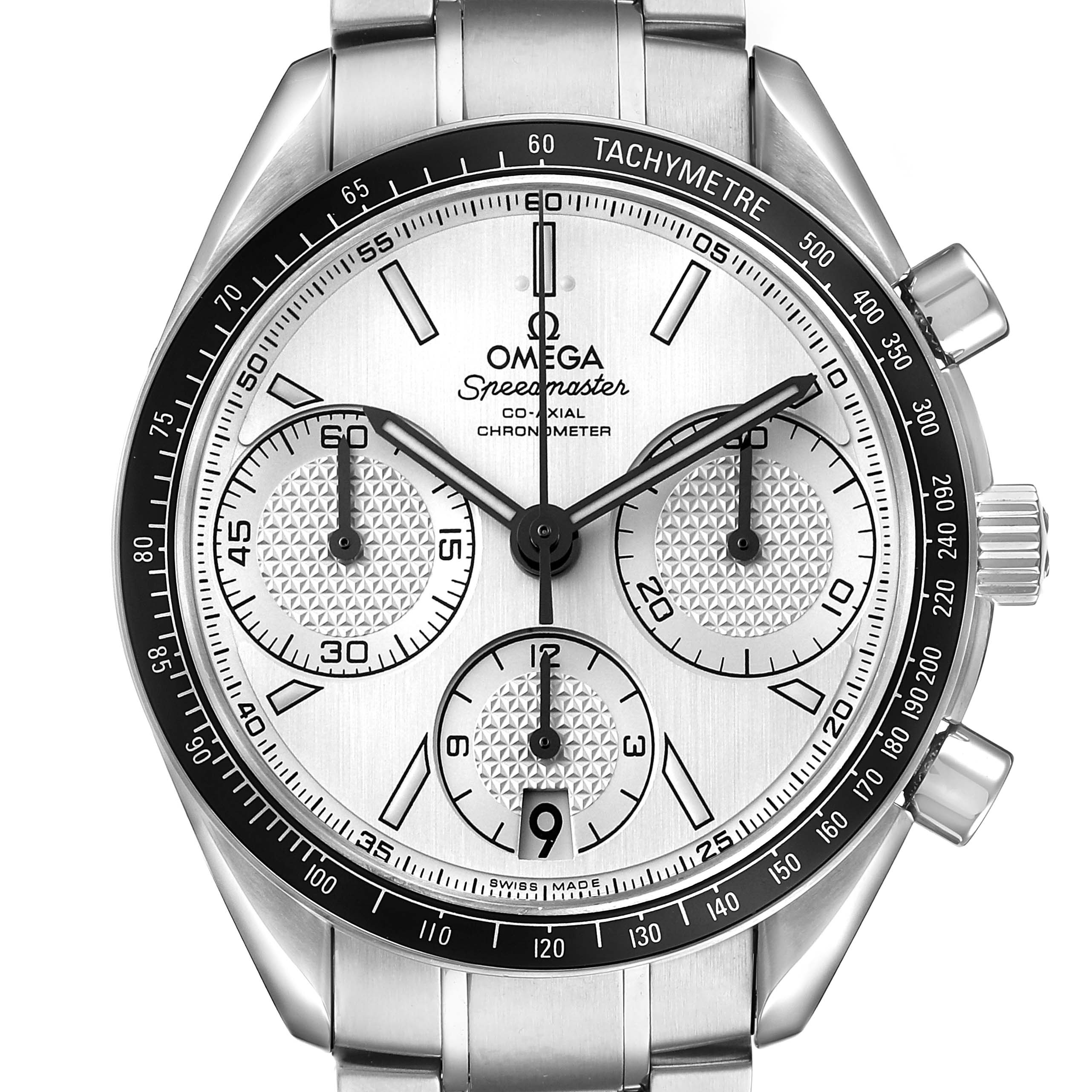 The Omega Speedmaster 326.30.40.50.02.001 Men's Stainless Steel Silver Dial watch is shown from the front, displaying the face, chronograph dials, and tachymeter bezel.