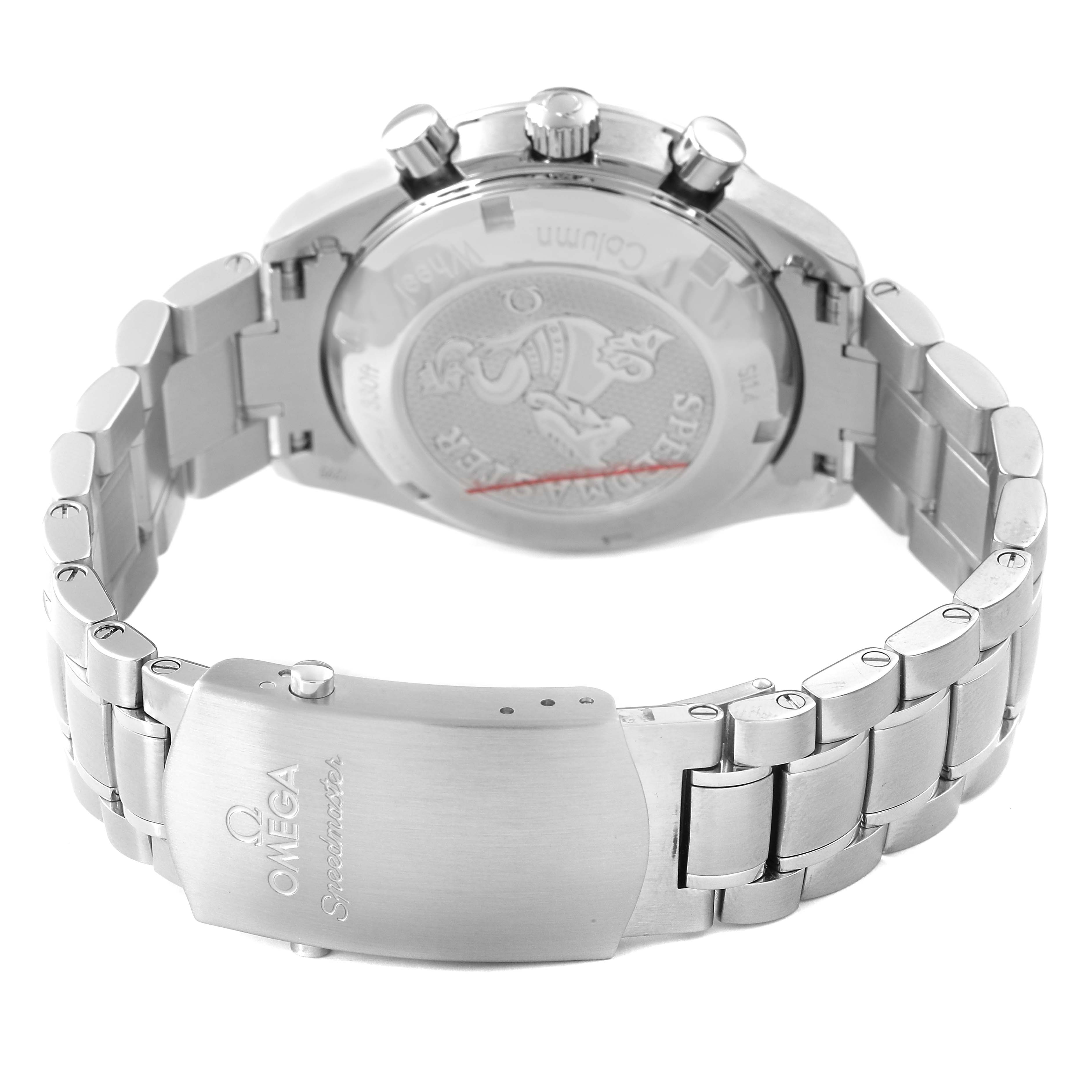 The image shows the Omega Speedmaster 326.30.40.50.02.001 Men's Stainless Steel Silver Dial's back casing, bracelet, and clasp from a rear-side angle.