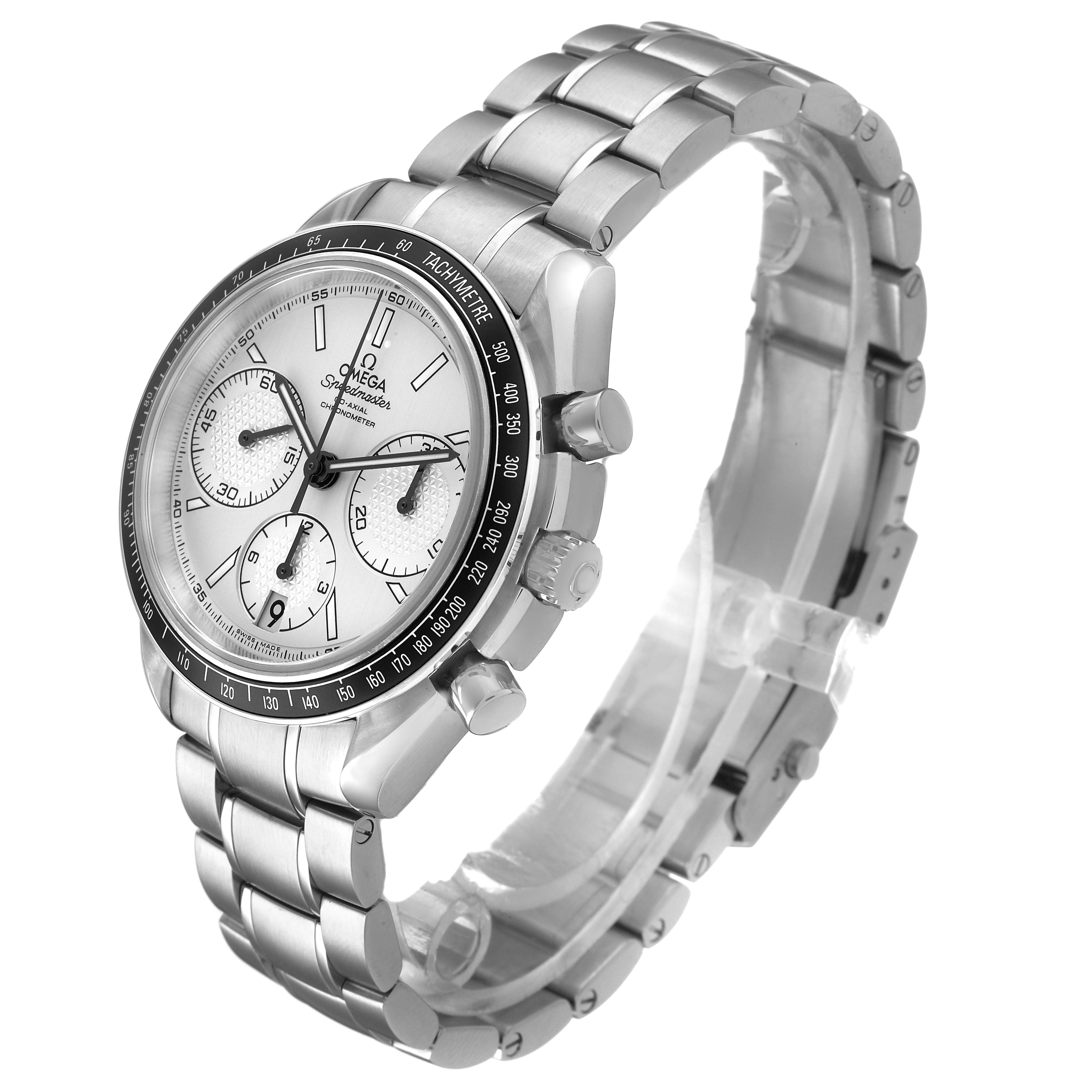 The Omega Speedmaster 326.30.40.50.02.001 Men's Stainless Steel Silver Dial watch is shown at a three-quarter angle, displaying its face, bezel, crown, chronograph buttons, and metal bracelet.