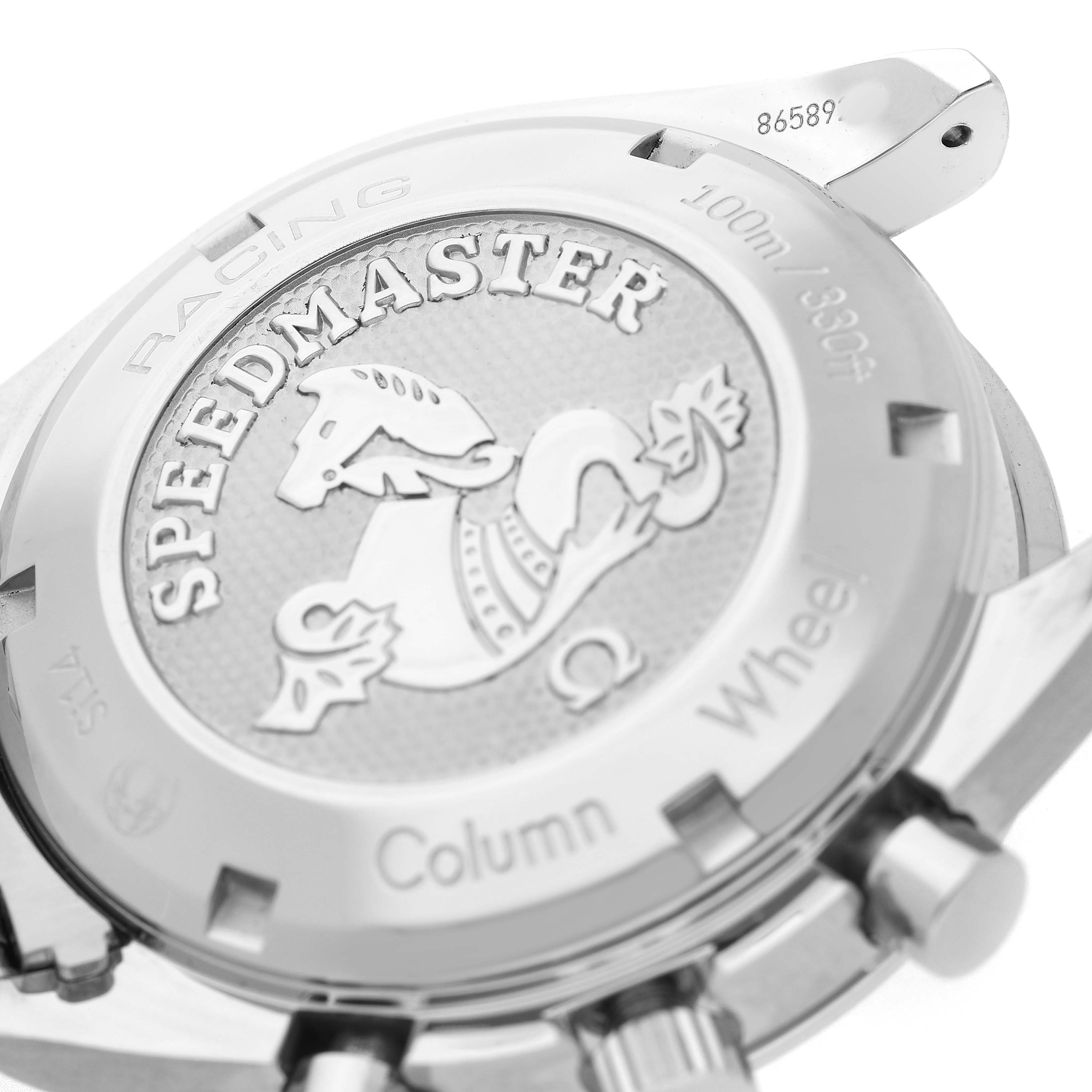 The image shows the back case of an Omega Speedmaster 326.30.40.50.02.001 Men's Stainless Steel Silver Dial watch from a top angle, highlighting the case back design and engravings.