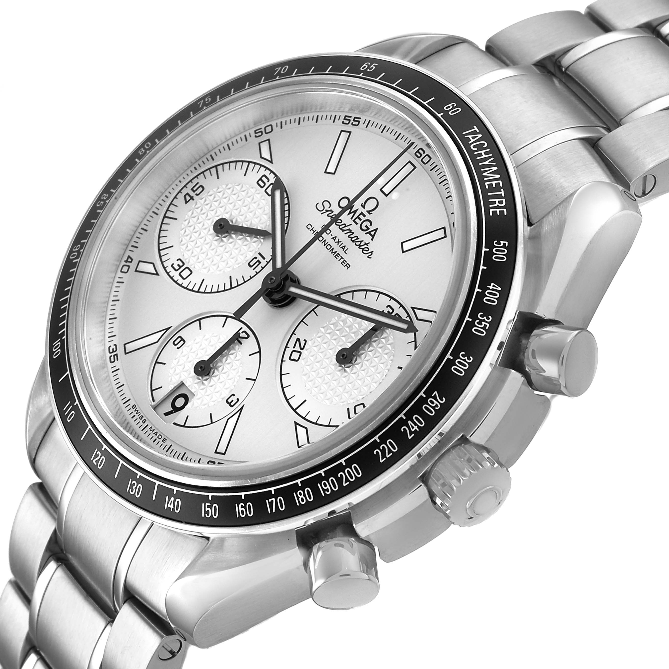 The Omega Speedmaster 326.30.40.50.02.001 Men's Stainless Steel Silver Dial watch is shown at an oblique angle, highlighting the dial, bezel, pushers, and bracelet.