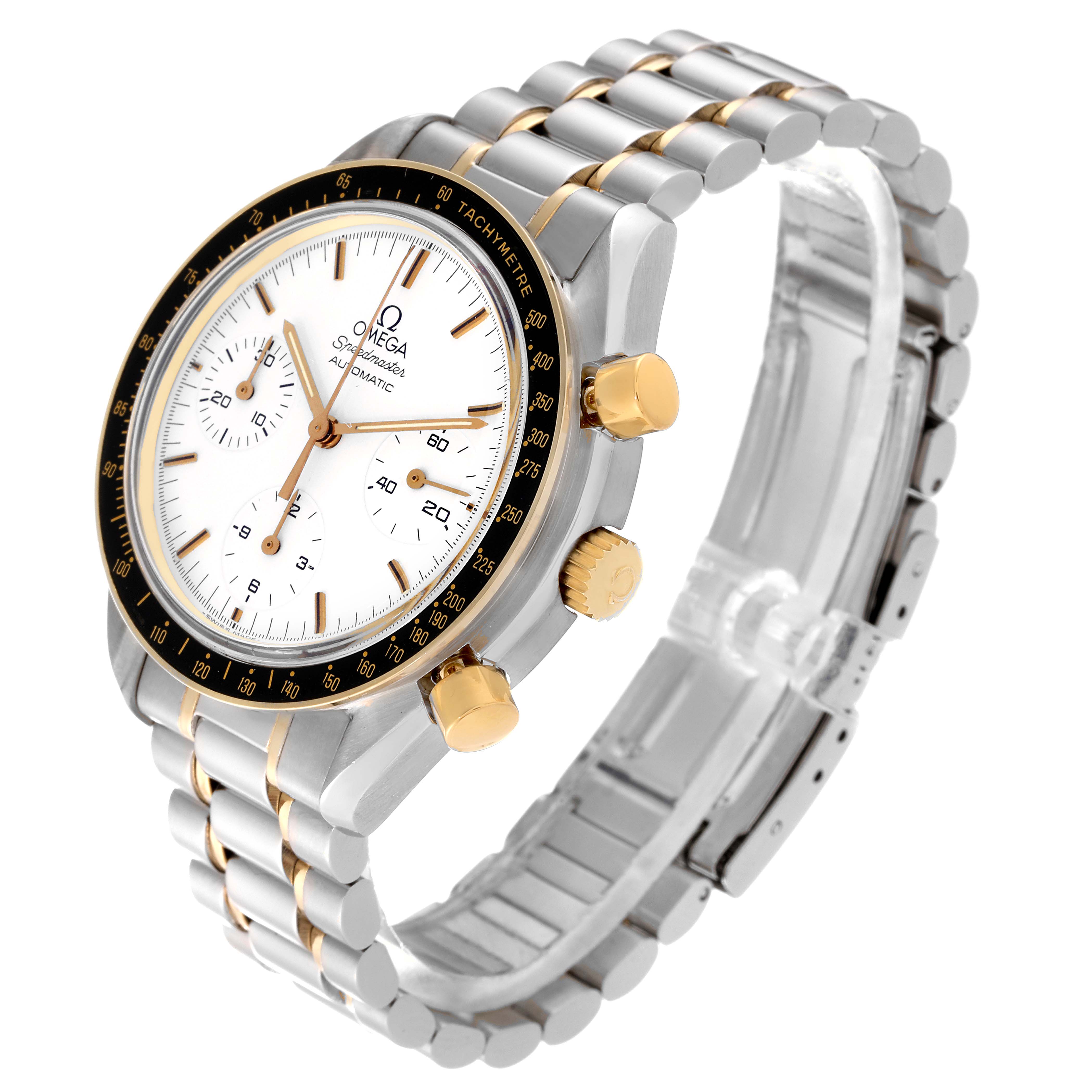 This image shows an Omega Speedmaster 3310.20.00 Men's Steel and Gold (two tone) White Dial 3310.20.00 Men's Steel and Gold (two tone) White Dial watch at a three-quarter angle, highlighting its face, band, and side buttons.