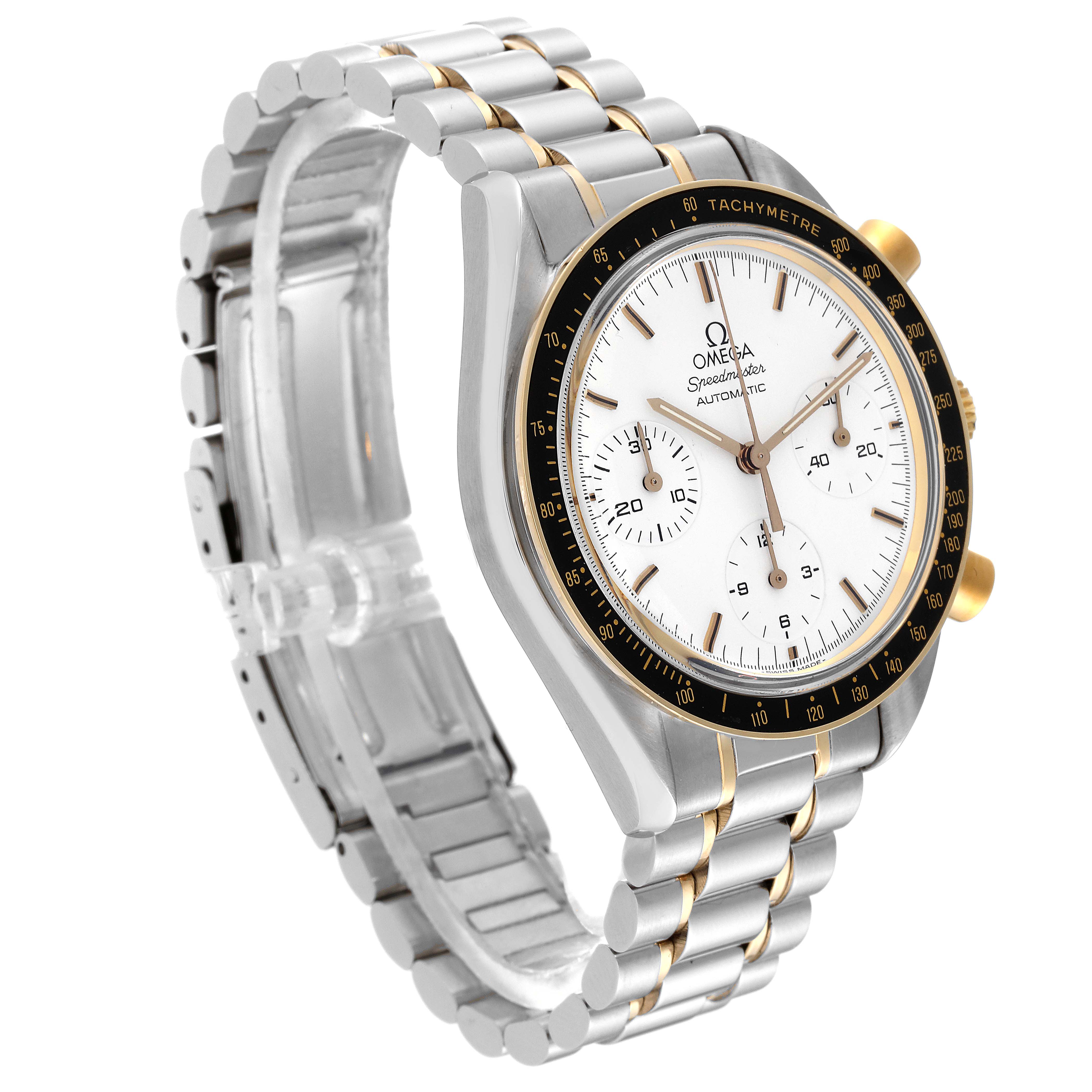 The image shows a side angle of an Omega Speedmaster 3310.20.00 Men's Steel and Gold (two tone) White Dial 3310.20.00 Men's Steel and Gold (two tone) White Dial watch, highlighting its dial, bezel, and metal bracelet.