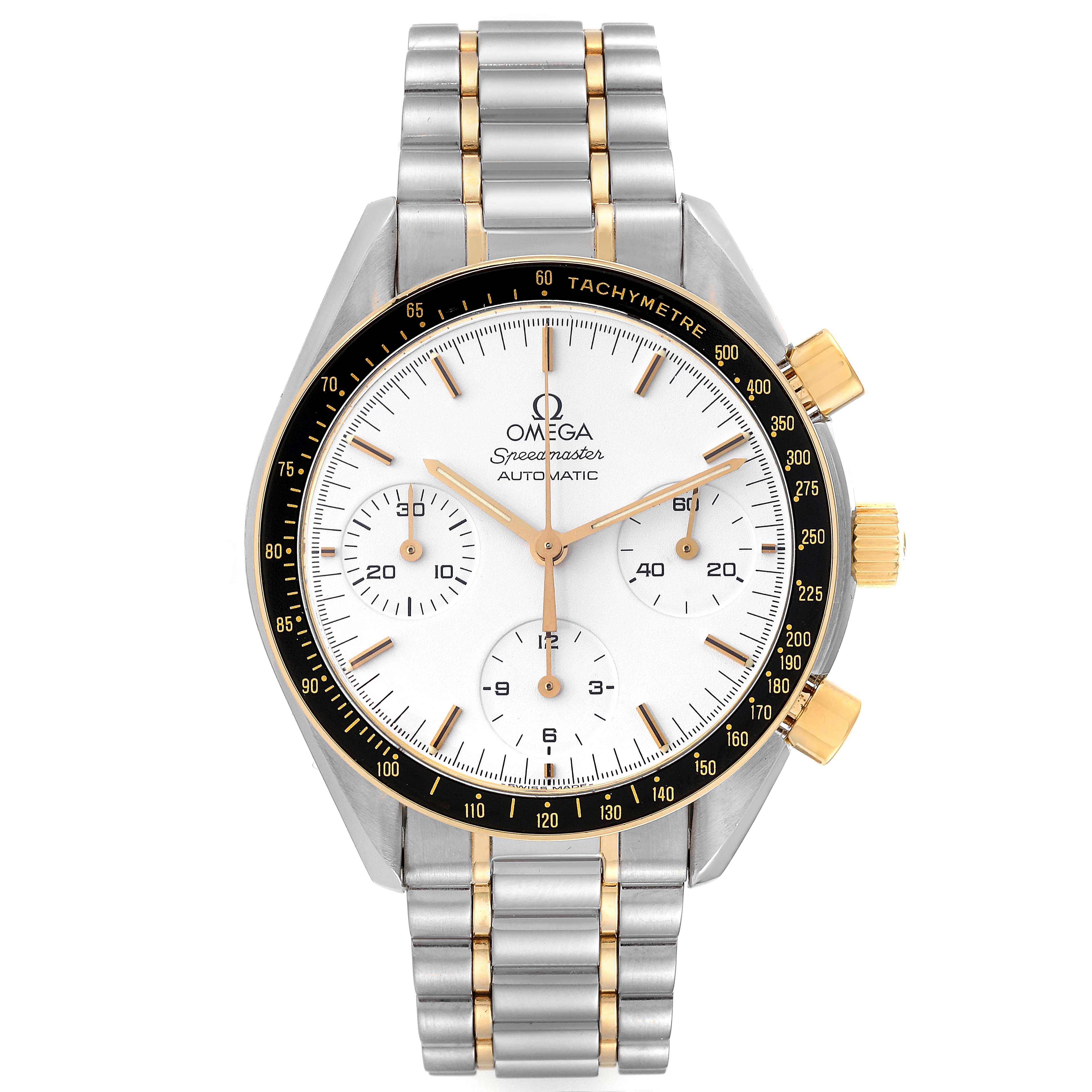 This image shows a front view of the Omega Speedmaster 3310.20.00 Men's Steel and Gold (two tone) White Dial 3310.20.00 Men's Steel and Gold (two tone) White Dial watch, highlighting its dial, tachymeter bezel, and two-tone metal bracelet.