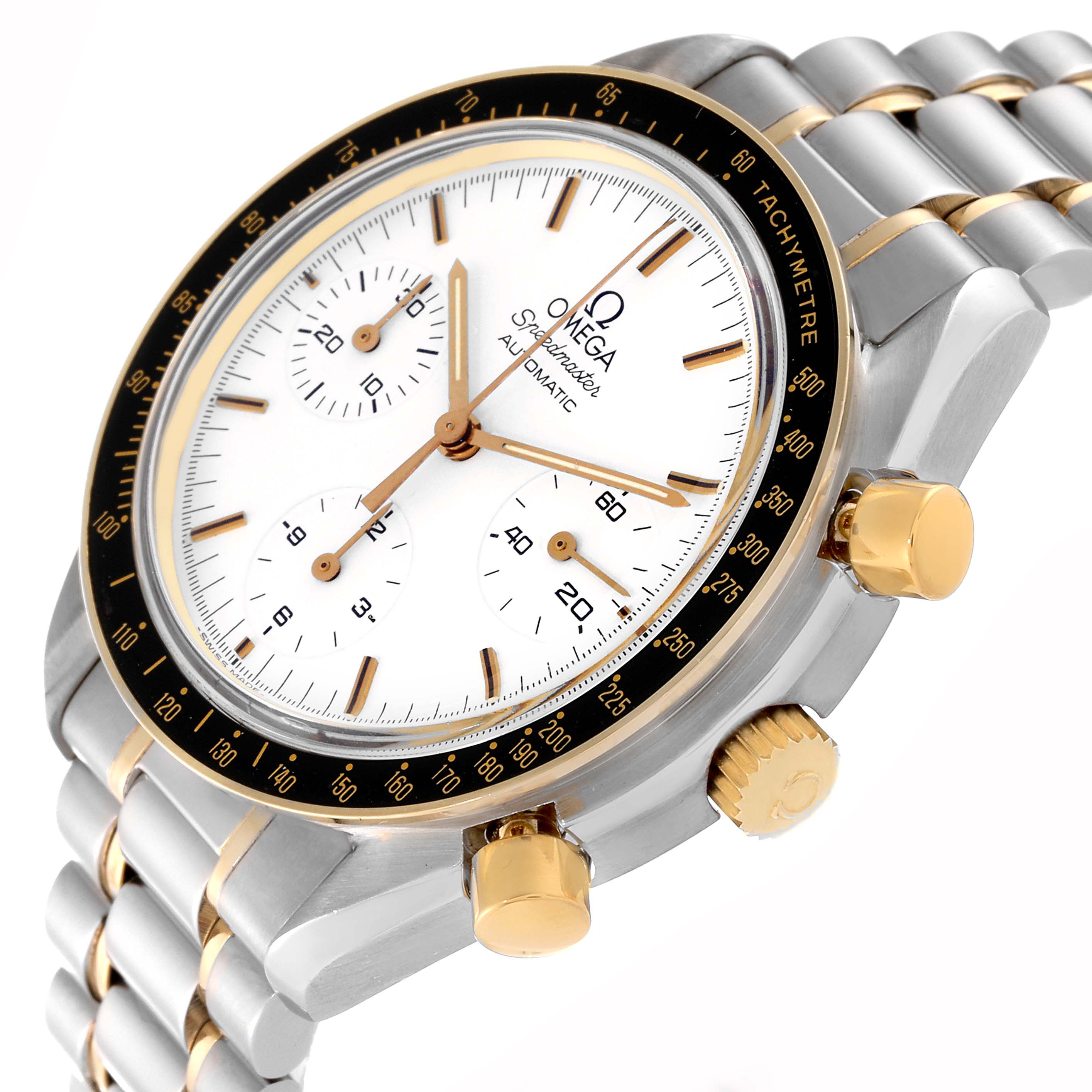 The Omega Speedmaster 3310.20.00 Men's Steel and Gold (two tone) White Dial 3310.20.00 Men's Steel and Gold (two tone) White Dial watch is angled to show its face, bezel, three sub-dials, and a portion of its bracelet.