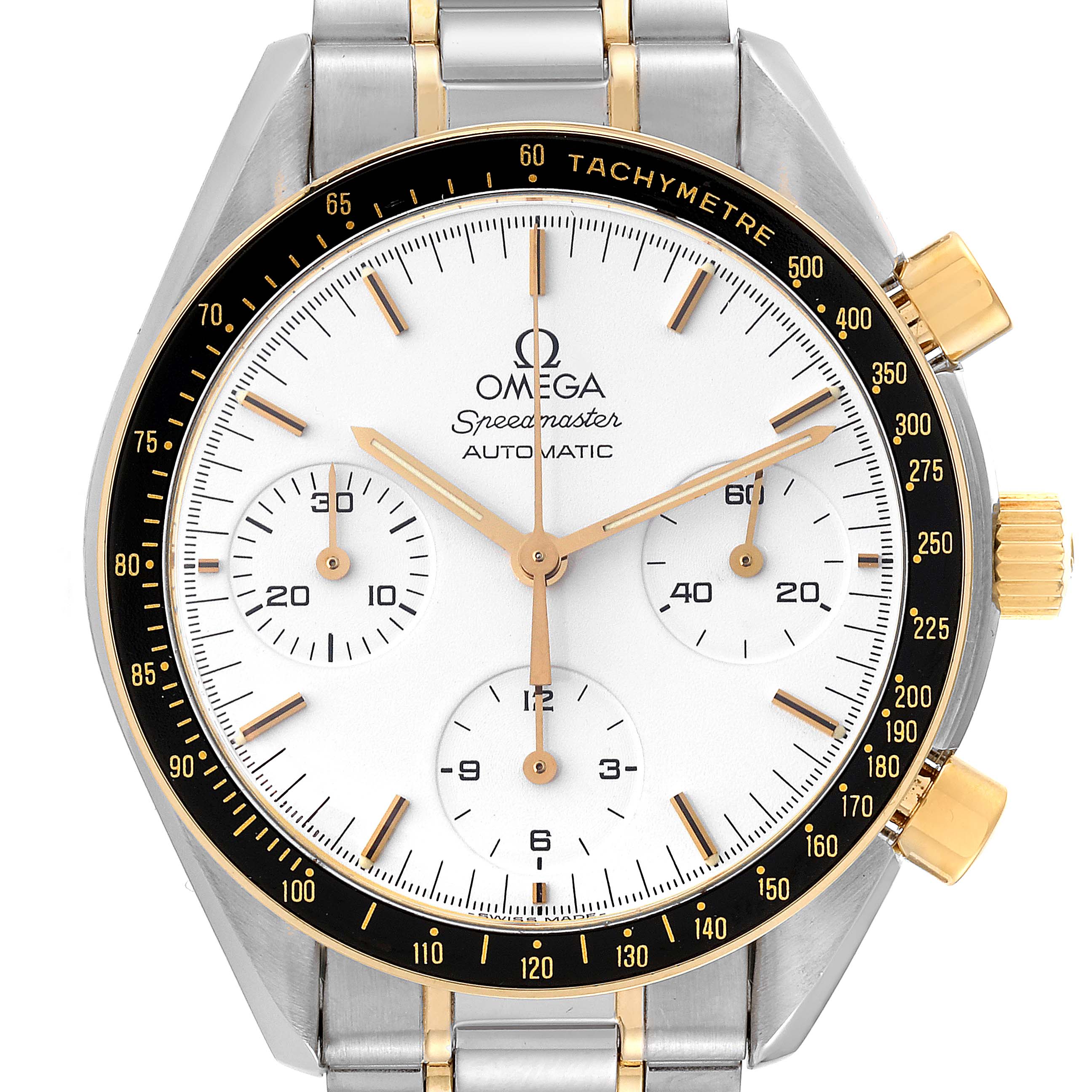 This image shows a frontal view of the Omega Speedmaster 3310.20.00 Men's Steel and Gold (two tone) White Dial 3310.20.00 Men's Steel and Gold (two tone) White Dial watch, highlighting its dial, bezel, and crown.