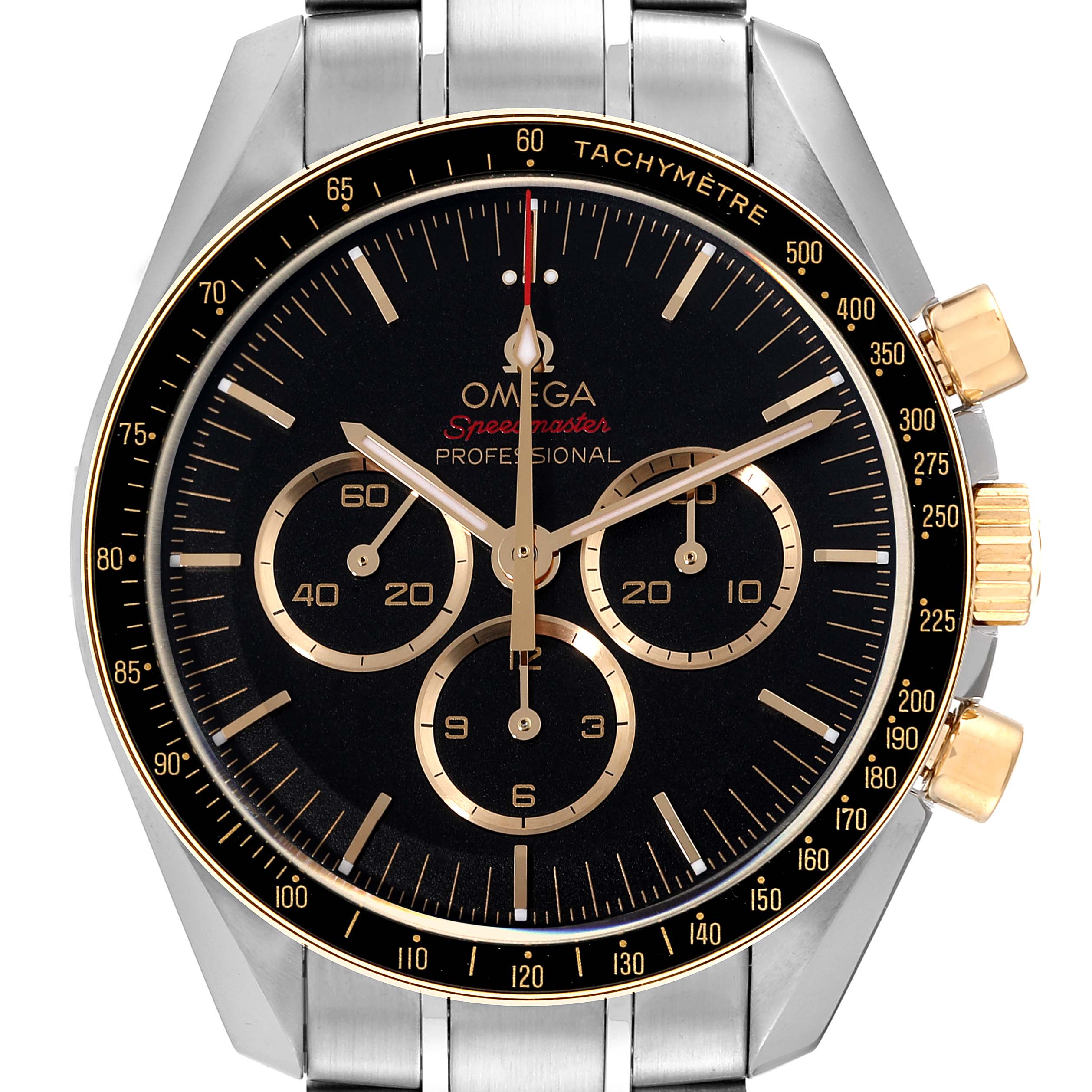 The Omega Speedmaster 522.20.42.30.01.001 Men's Steel and Gold (two tone) Black Dial 522.20.42.30.01.001 Men's Steel and Gold (two tone) Black Dial watch is shown from a front angle, displaying the dial, bezel with tachymeter, and side crown.