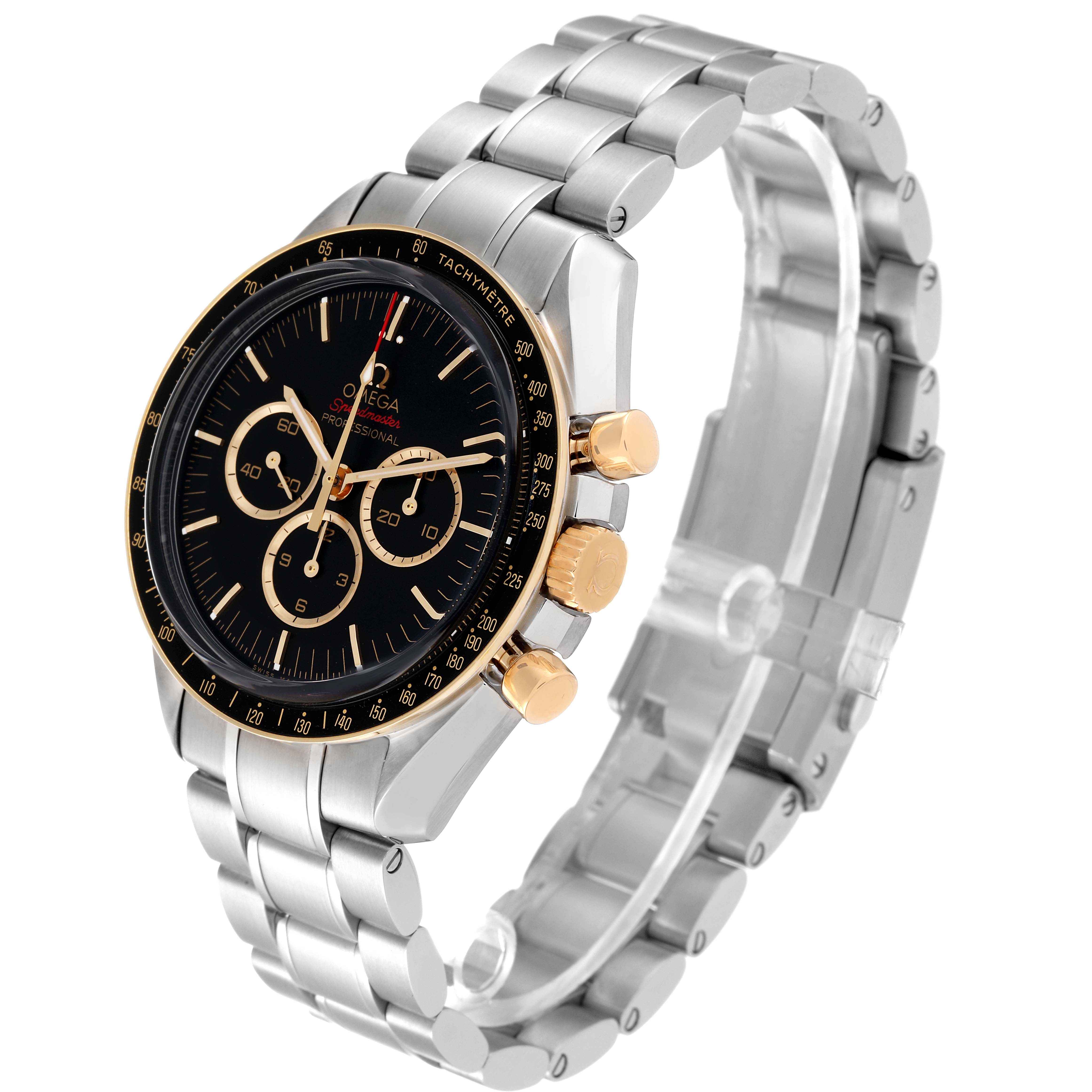 The Omega Speedmaster 522.20.42.30.01.001 Men's Steel and Gold (two tone) Black Dial 522.20.42.30.01.001 Men's Steel and Gold (two tone) Black Dial watch is shown from a front angle, highlighting its chronograph dials, bezel, and bracelet.