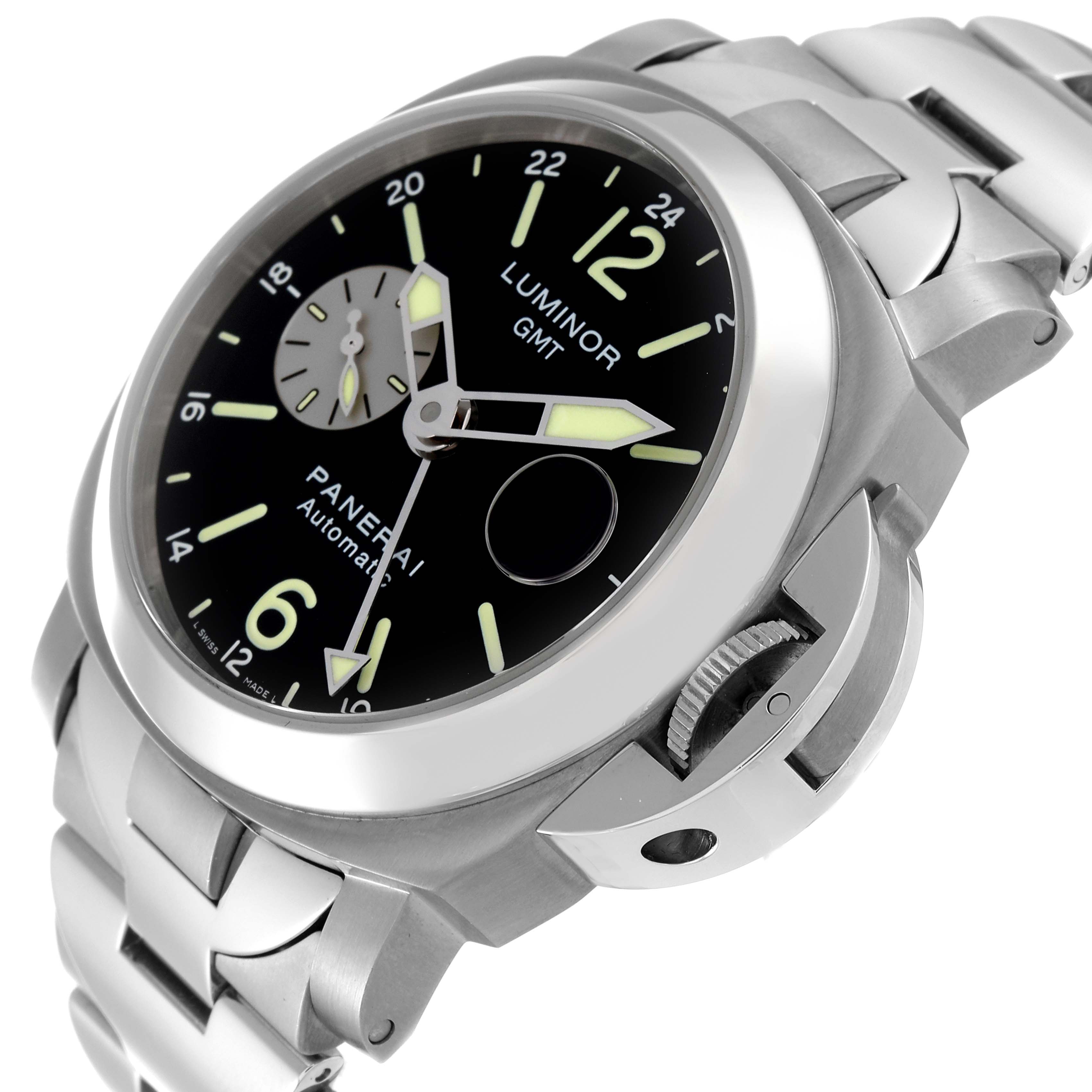 The image shows a close-up side angle of the Panerai Luminor PAM00161 Men
s Stainless Steel Black Dial PAM00161 Men
s Stainless Steel Black Dial GMT watch, highlighting the dial, crown guard, and stainless steel bracelet.