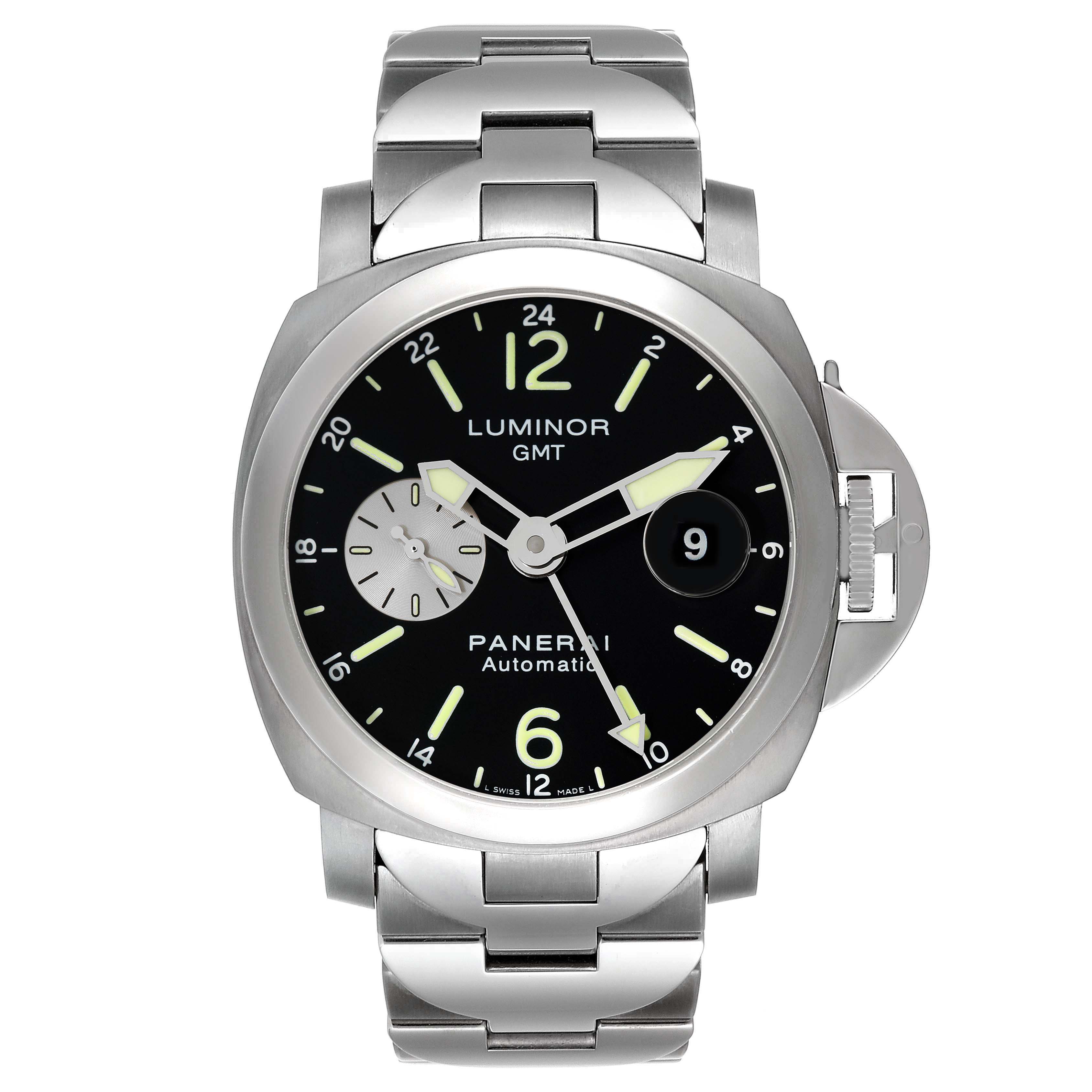 The image shows a front view of the Panerai Luminor PAM00161 Men
s Stainless Steel Black Dial PAM00161 Men
s Stainless Steel Black Dial GMT watch, highlighting its dial, hands, and bracelet.