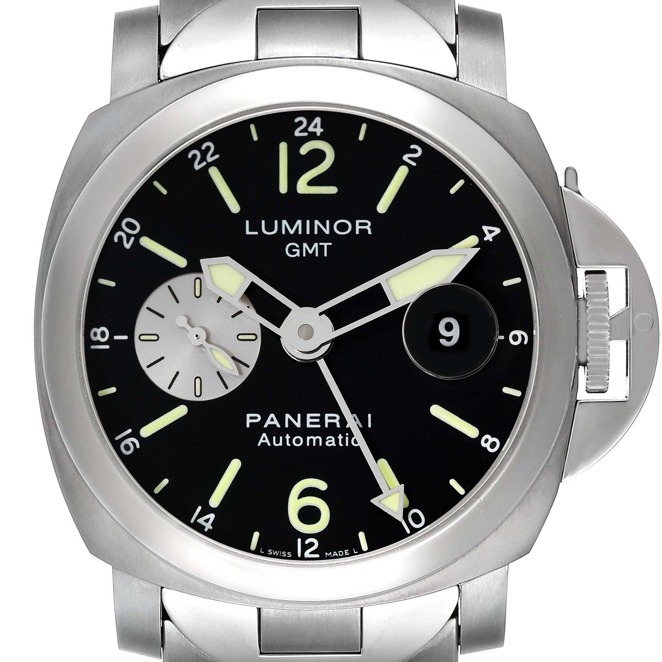 This image shows a front view of the Panerai Luminor PAM00161 Men
s Stainless Steel Black Dial PAM00161 Men
s Stainless Steel Black Dial GMT watch, highlighting the dial, hands, and date display.
