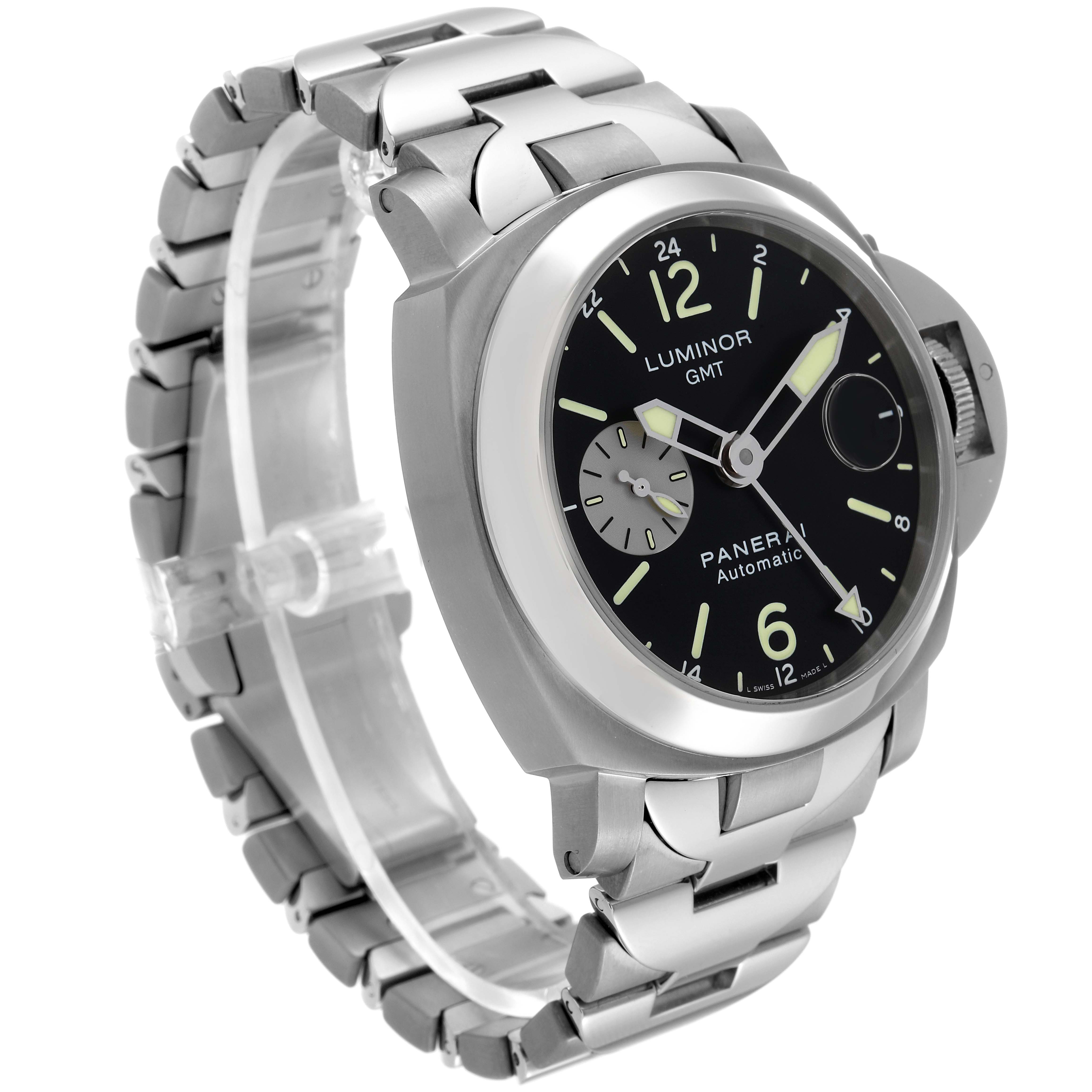 The image shows a Panerai Luminor PAM00161 Men
s Stainless Steel Black Dial PAM00161 Men
s Stainless Steel Black Dial GMT watch from a 3/4 angle, highlighting the watch face and metal bracelet.