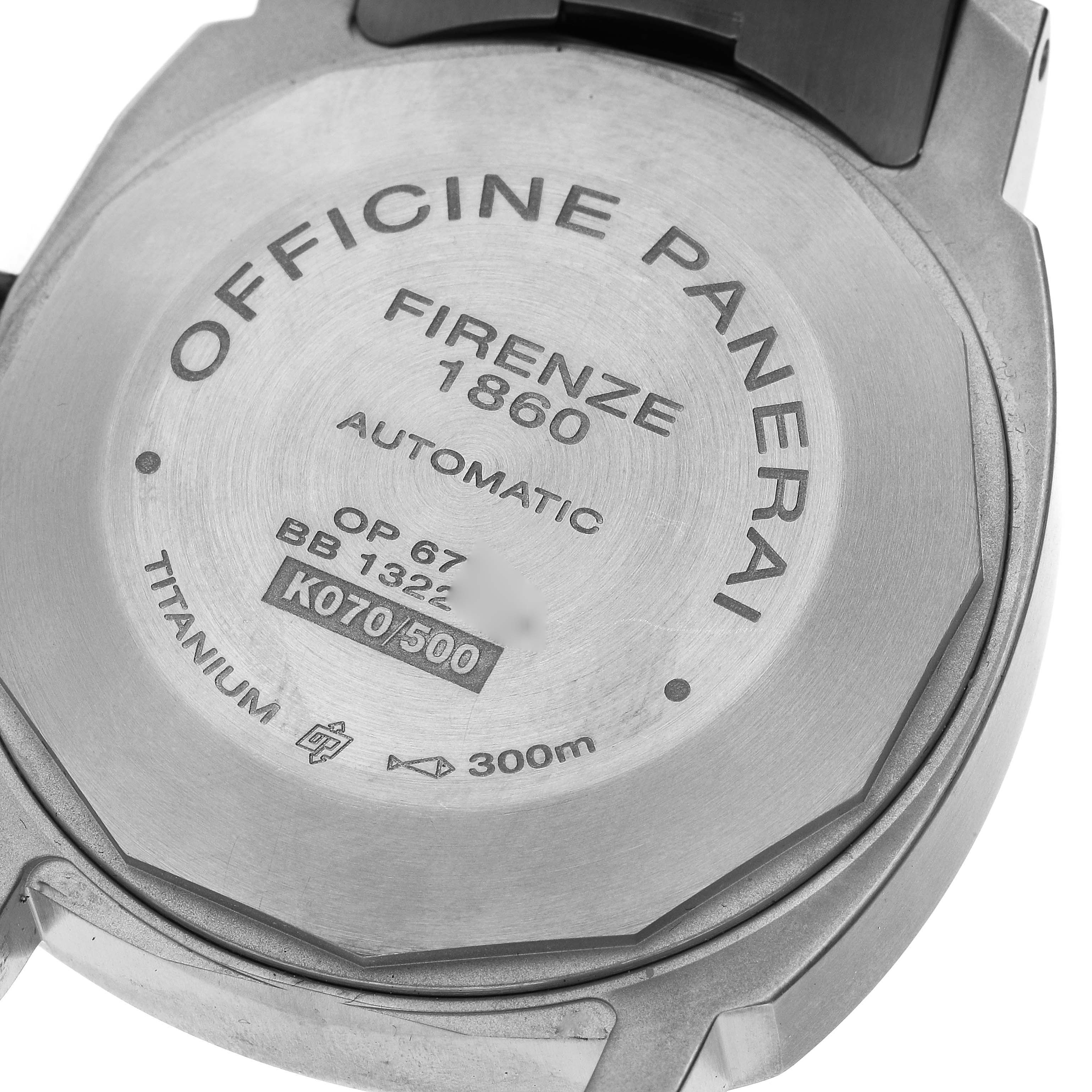 The image shows the back case of a Panerai Luminor PAM00161 Men
s Stainless Steel Black Dial PAM00161 Men
s Stainless Steel Black Dial watch, highlighting its engravings and titanium material.