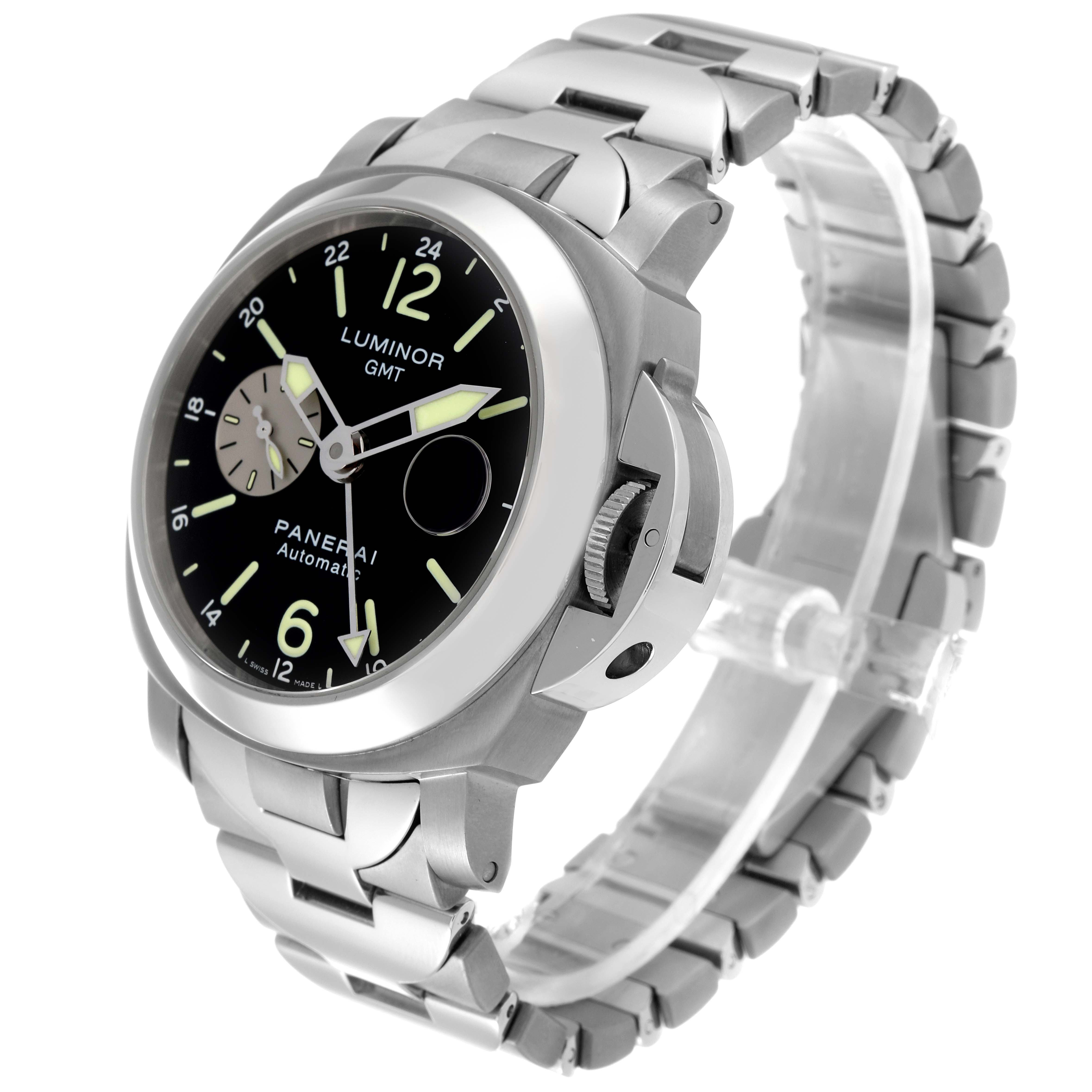 The Panerai Luminor PAM00161 Men
s Stainless Steel Black Dial PAM00161 Men
s Stainless Steel Black Dial watch is shown at a three-quarter angle, highlighting the face, bezel, crown guard, and bracelet.