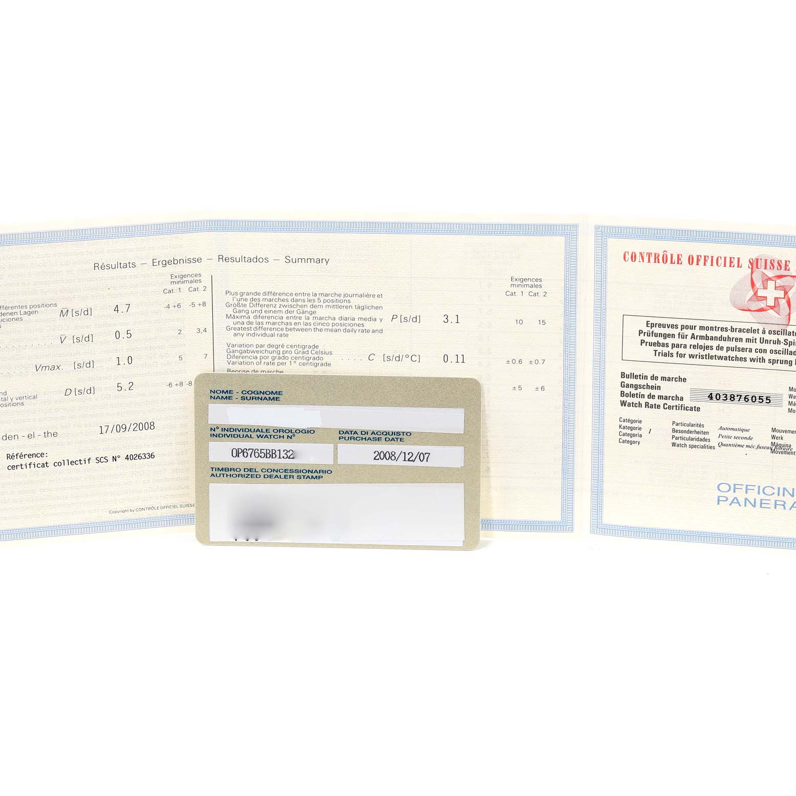 The image shows official documents and a certificate, but no actual parts of the Panerai Luminor PAM00161 Men
s Stainless Steel Black Dial PAM00161 Men
s Stainless Steel Black Dial watch.